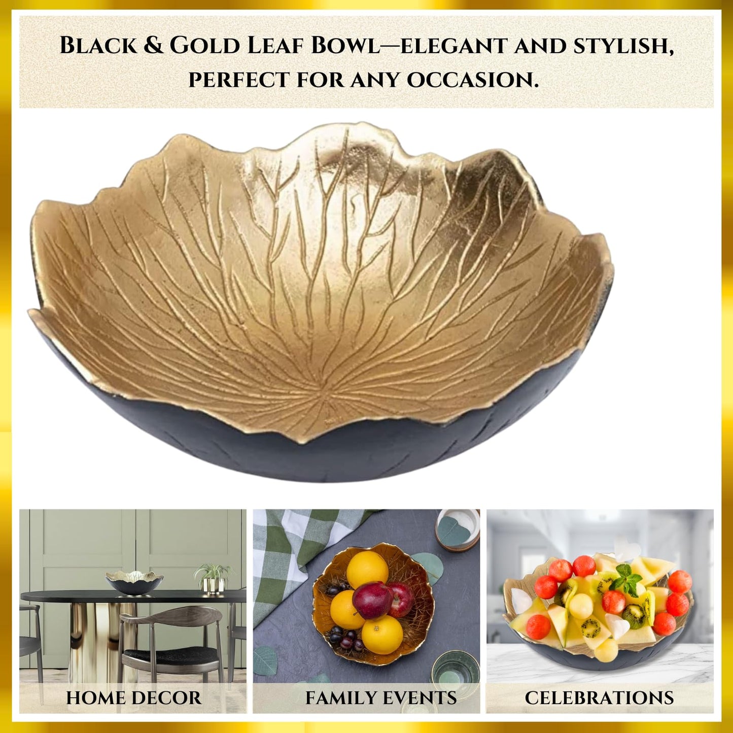 Leaf Bowl for Serving Fruits, Appetizers - Black & Gold - Elegant Home Decor Centerpiece Serveware Charcuterie Catchall Vanity Dish For Entertaining, Wedding 9" D 3" H
