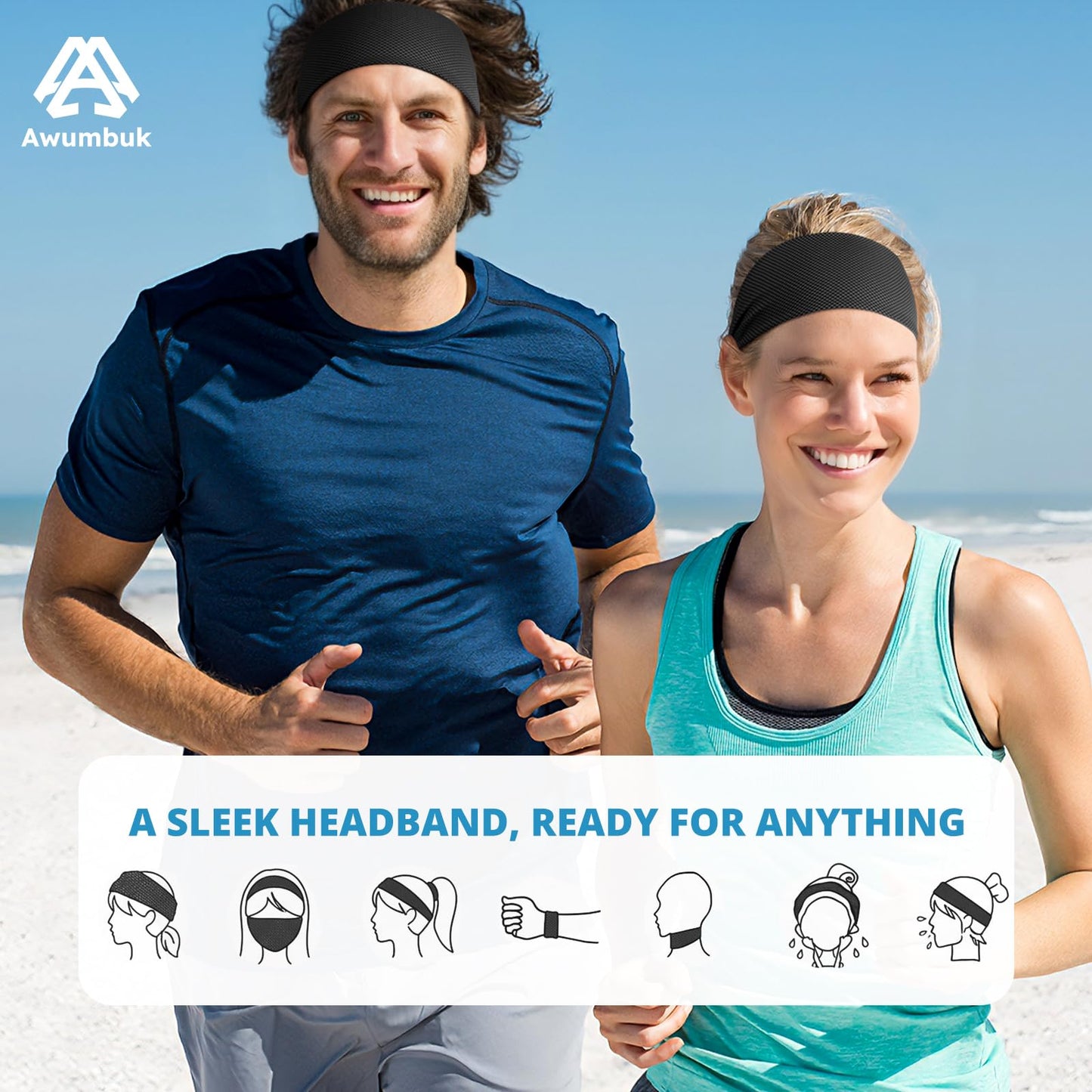Awumbuk Cooling Headbands for Women, Non-Slip Sweatbands for Women, 4-Pack Elastic Sports Head Bands for Running, Yoga, Gym Workouts, Football