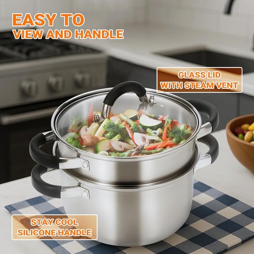 Kirecoo 3.2QT Stainless Steel Steamer - Versatile Cooking Pot with Silicone Handle & Lid for Vegetables, Dumplings, Soup