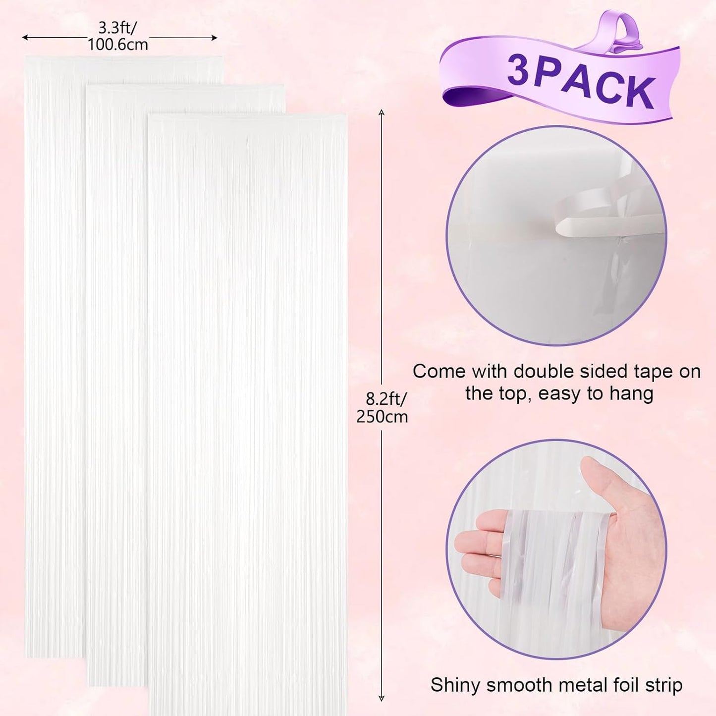 Voircoloria White Foil Fringe Backdrop Curtains - 3 Pack Tinsel Streamers for Parties & Events | 3.3x8.2 Feet