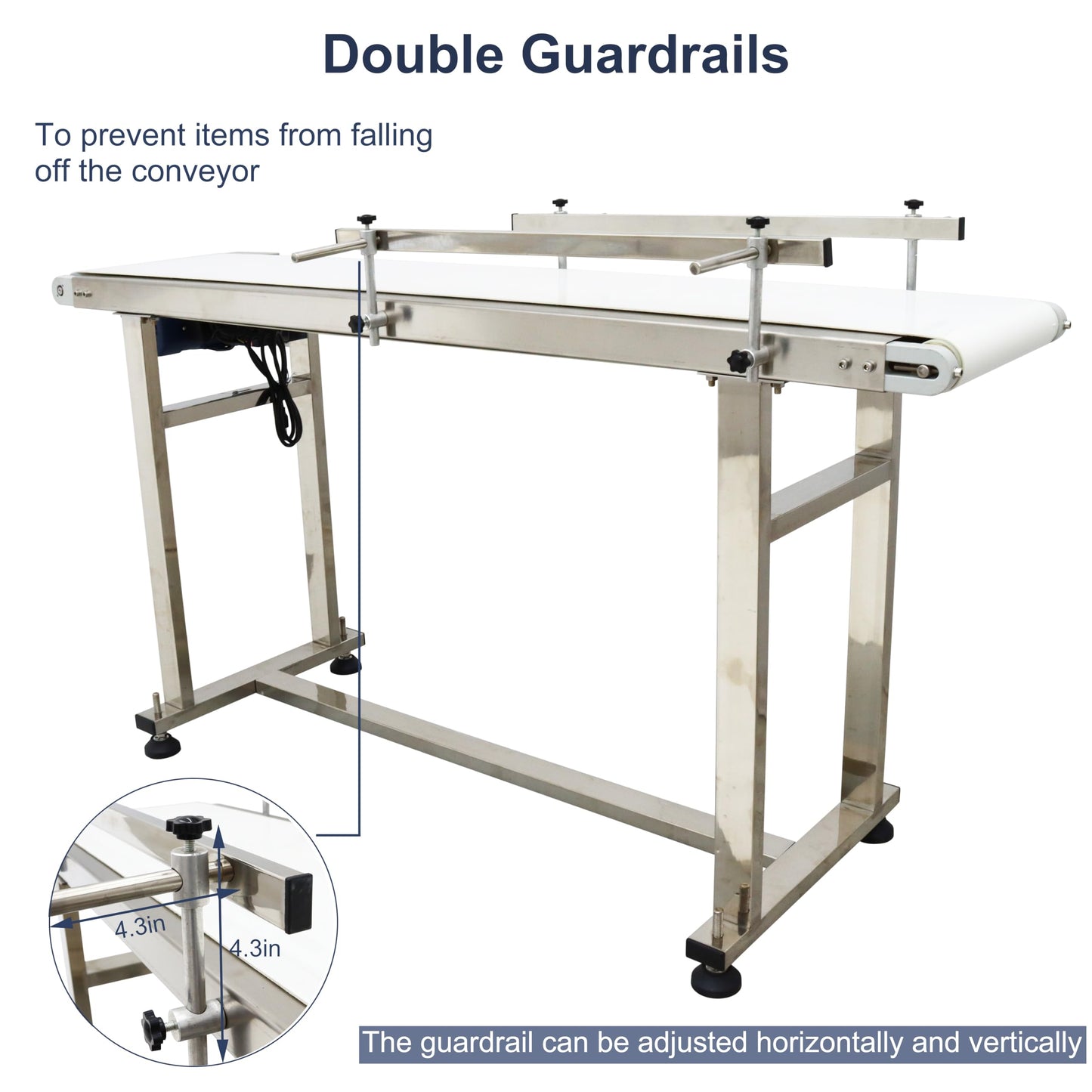 BREVELTION PVC Flat Belt Conveyor Stainless Steel Industrial Transport Conveyor Adjustable Speed Conveyor with Double Guardrails Conveyor Length 53.15inch Width 11.8inch Load 11LBS 60W