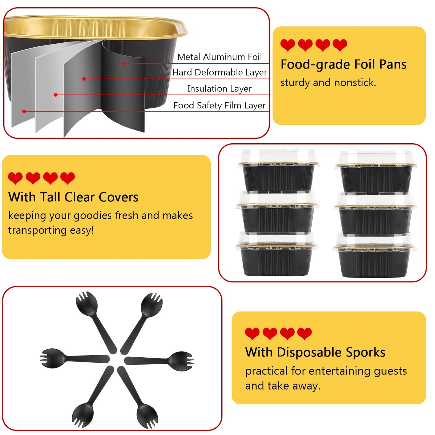 LNYZQUS 5oz Cupcake Mini Cake Pans with Lids 40 Pack, Aluminum Foil Cupcake Cups Brownie Baking Pans,Square Disposable Ramekins Baking Cups,Small Muffin Tin Holders-Black In Gold