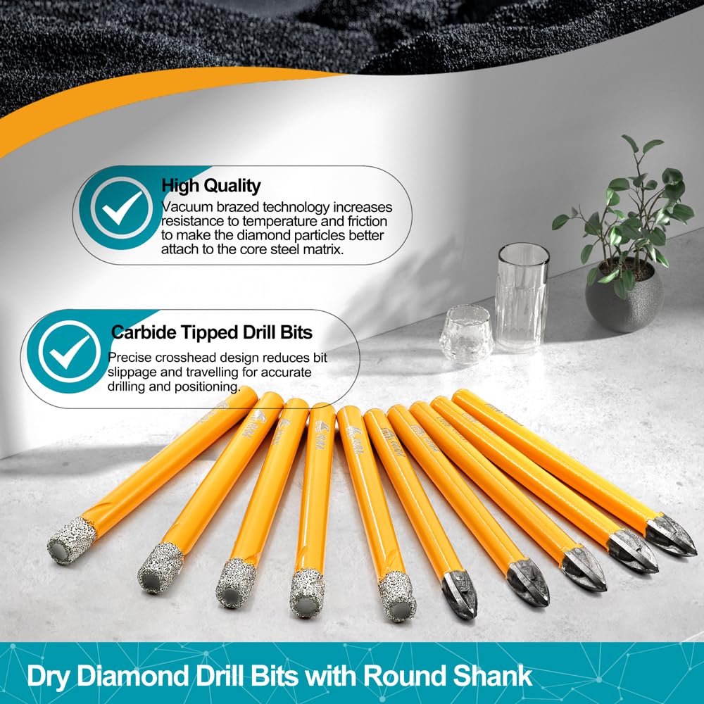 EXFEIN Diamond Tile Hole Saw Kit 12pcs and EXFEIN Diamond Drill Bits - Tile Drill Bits Kit 6mm 5pcs & Carbide Drill Bits 6mm 5pcs for Drilling Ceramic Porcelain Tile Marble Granite Masonry