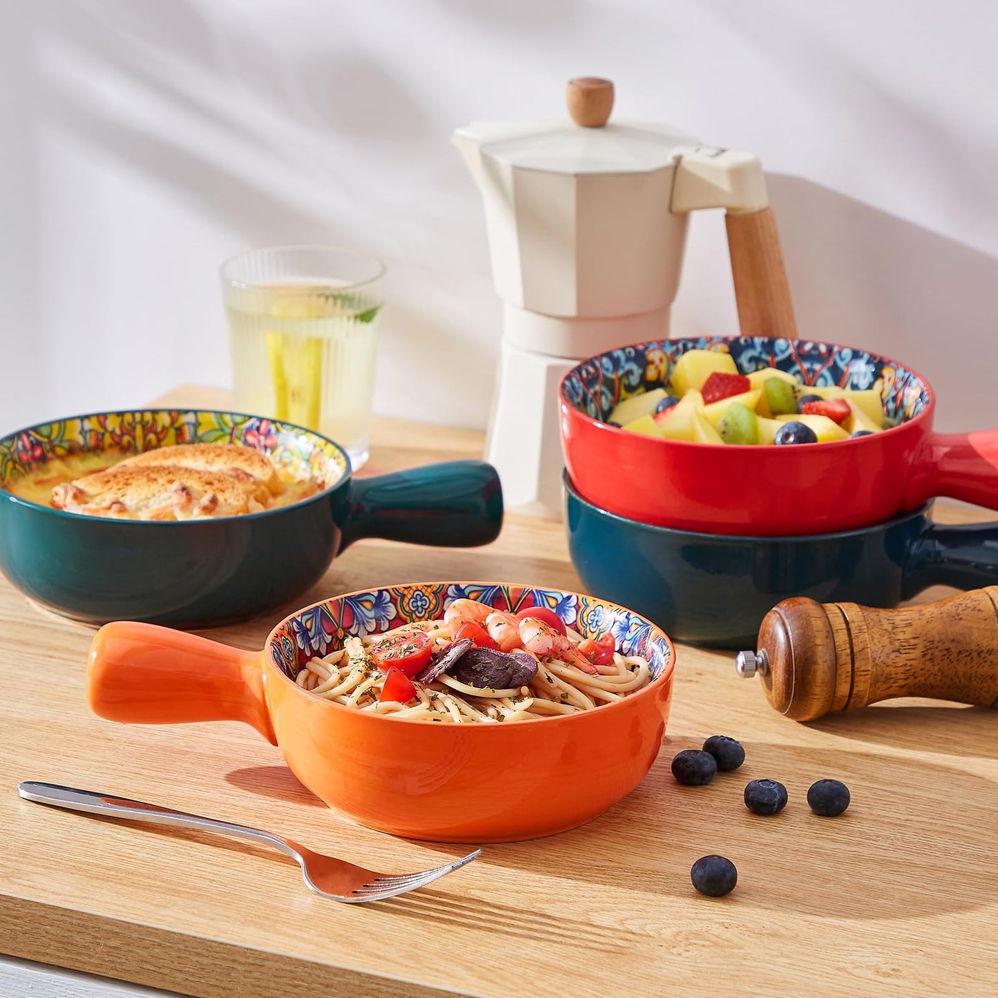 vancasso Soup Bowls with Handles, 23 Oz French Onion Soup Bowls Oven Safe, Bohemian Ceramic Soup Crocks for Cereal, Pasta, Beef Stew, Chilli, Microwave Dishwasher Safe-6.2 inch, Set of 4