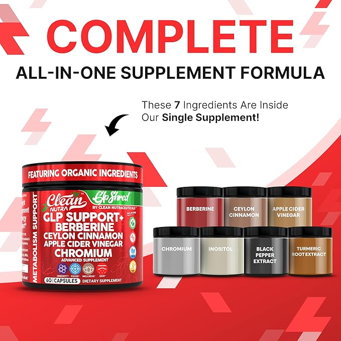 GLP1 Supplement Berberine Ceylon Cinnamon Apple Cider Vinegar Chromium Turmeric PCOS Supplements Immunity & Metabolism Support 60 Vegan Capsules by Clean Nutra