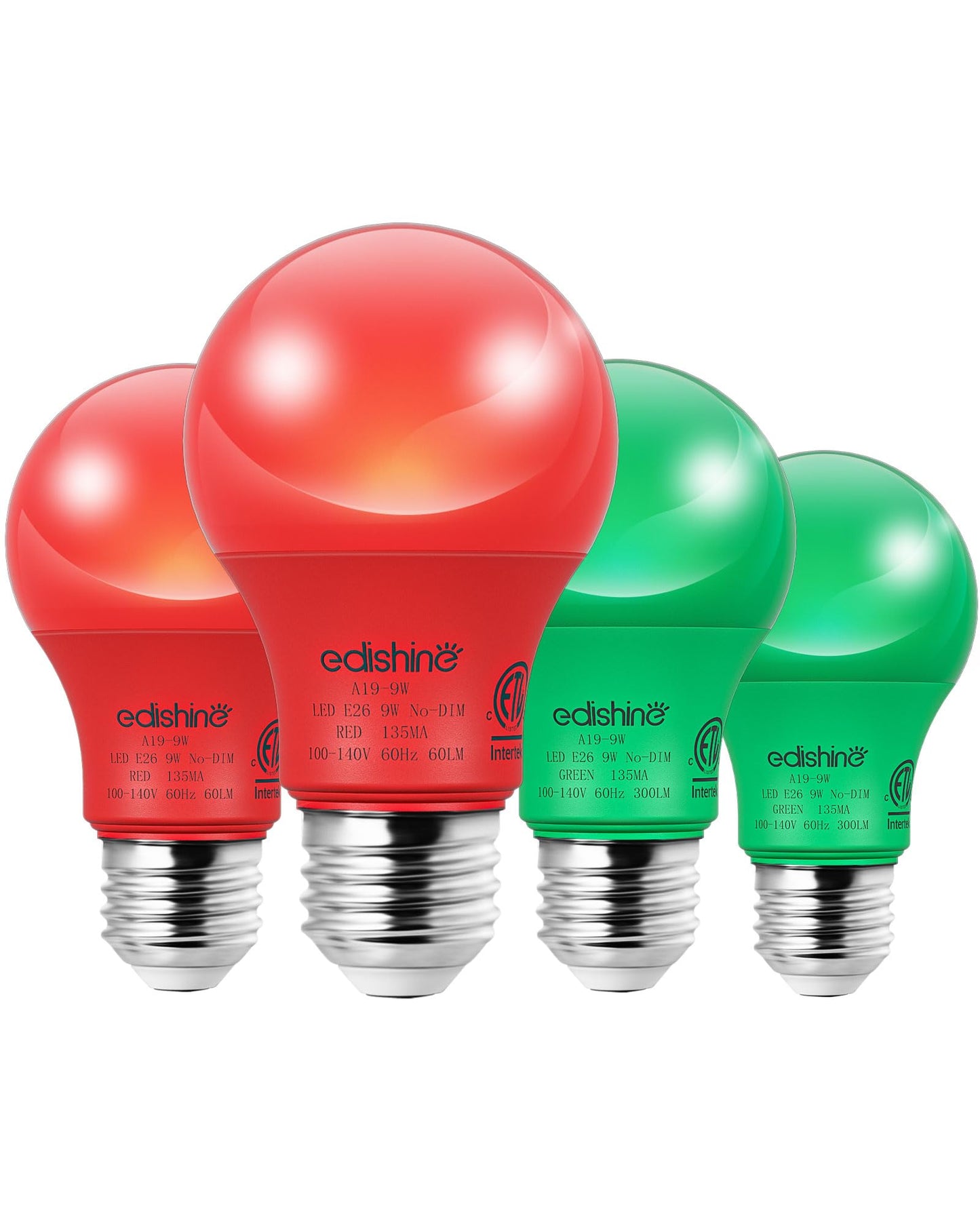 EDISHINE A19 LED Light Bulbs, 60W Equivalent, E26 Medium Base, Red & Green, Non-Dimmable, 9W, 4 Pack, ETL Listed