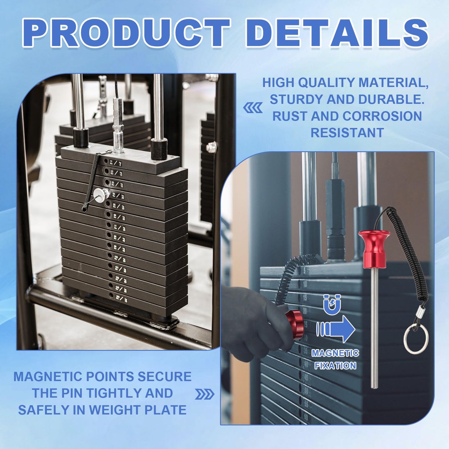 PATIKIL Weight Stack Pin, 3/8" Dia Magnetic Gym Selector Pin 4-1/8" Length Universal Weight Stack Replacement with Pull Rope for Home Commercial Gym Club Blue
