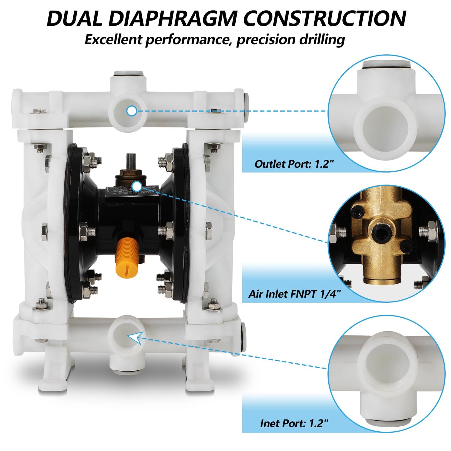 Dollate Air Operated Double Diaphragm Pump 1/2 nch Inlet/Outlet，QQBK-15 12 GPM Dual Diaphram, Air Diaphragm Pump Dual Diaphragm Air Pump 12 GPM Max 115PSI，Nitrile, Pneumatic Waste Oil Transfer Pump