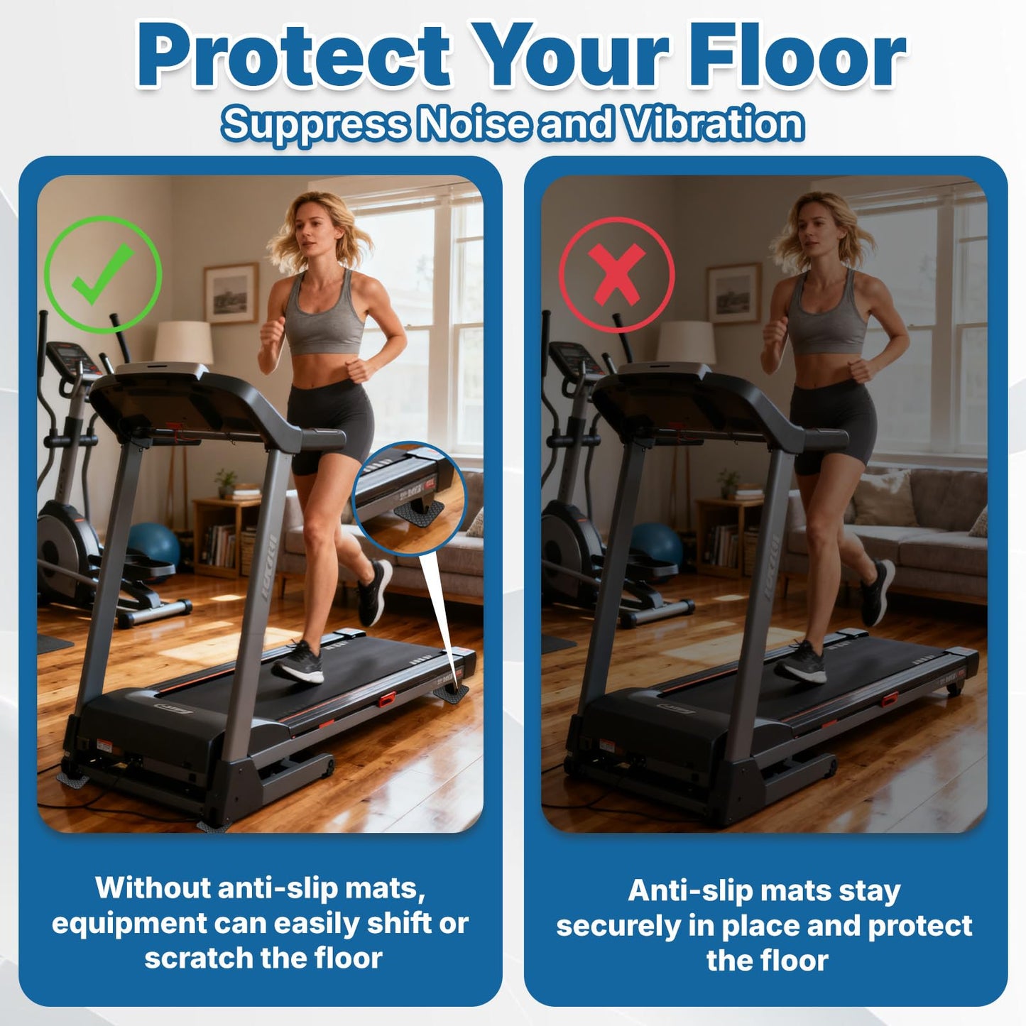 6PCS Treadmill Mat Pads, 4" x 4" Double-Sided Non-Slip Exercise Equipment Mat, Silicone Anti Vibration Pad for Walking Pad, Treadmill, Exercise Bike, Hardwood Floors Protection
