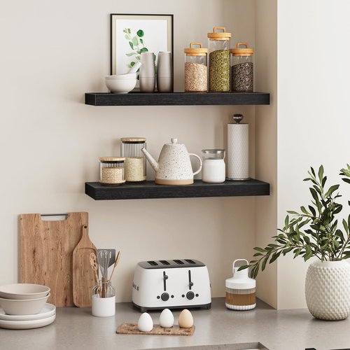 Fixwal Black Floating Shelves for Wall, 22" Long Wall Mounted Rustic Wood Shelves for Living Room, Bedroom, Bathroom and Kitchen, Wall Shelves for Storage, Books, Room Decor Set of 2
