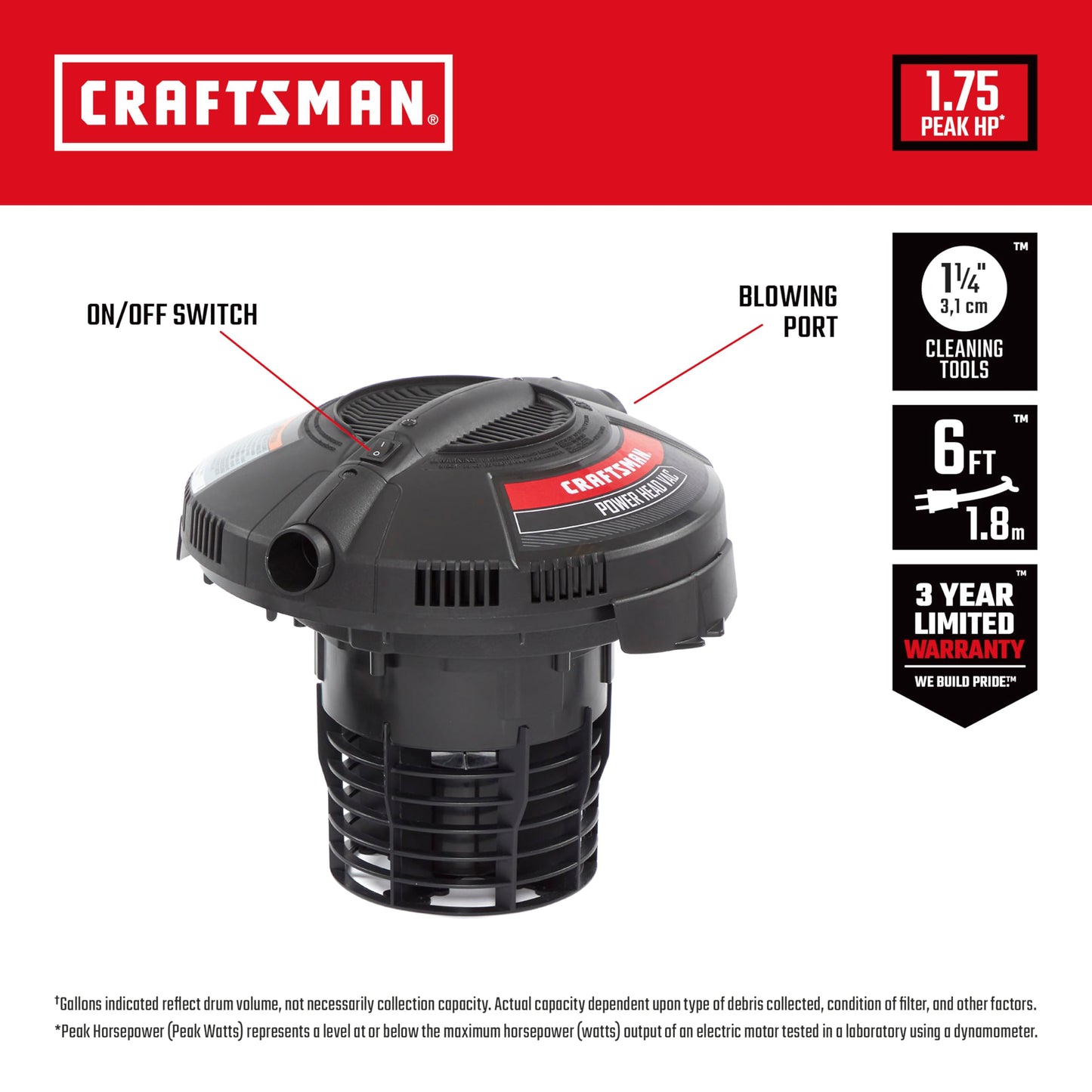 CRAFTSMAN CMXEVBE17590 9 Gallon 4.25 Peak HP Wet Dry Vacuum with Filter, Dust Bag, Hose, Attachments and CRAFTSMAN CMXEVBE17678 1.75 Peak HP Wet Dry Vac Powerhead with Filter Bag and Hose
