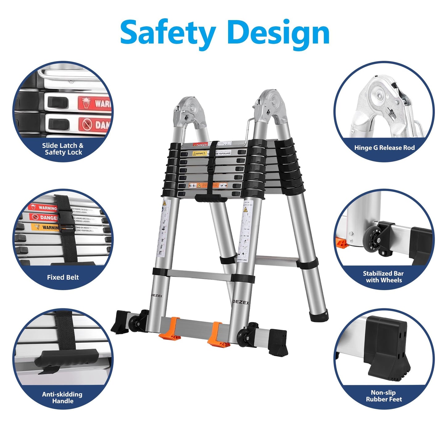 DEZEX A Frame Telescoping Ladders 16.5 FT Stainless Steel, Telescopic Ladder with Balance Bar and Movable Wheels, Multi-Purpose Collapsible Compact Ladder for Indoor Outdoor Work, 330lbs Capacity