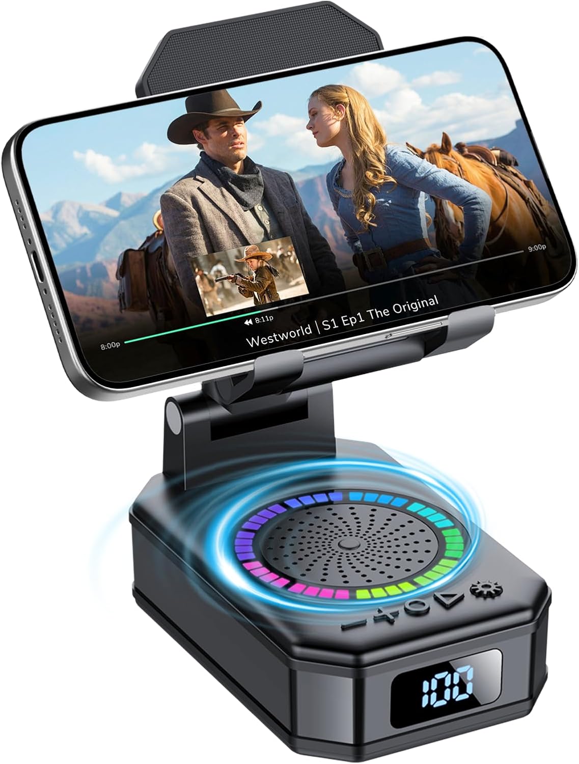 buwy 8 Gifts for Men Women, Cell Phone Stand with Wireless Bluetooth Speaker and RGB Ambient Light, Anti-Slip Base HD