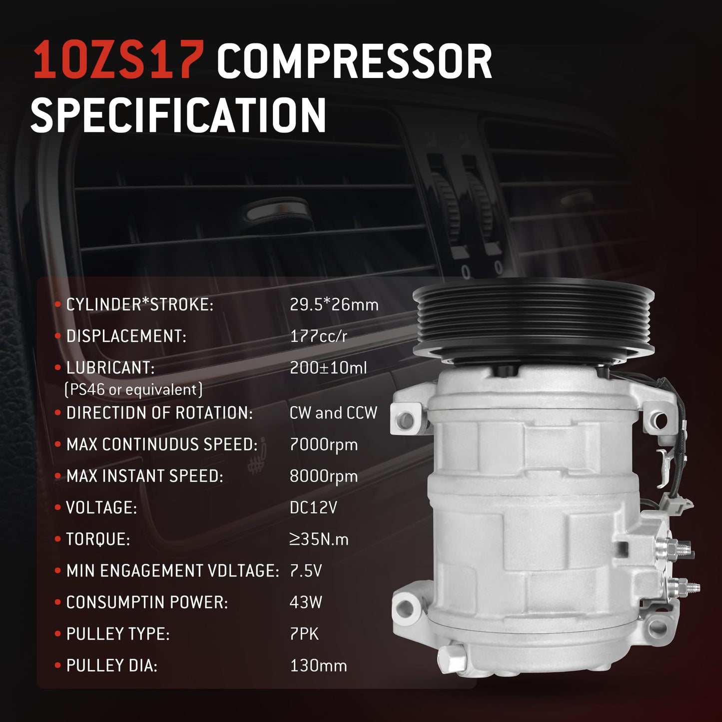 HYR Automotive Air Conditioning Compressor AC Compressor with Clutch Compatible with Honda Accord 2003-2007 2.4L, 7 grooves, 38810RAAA01, 78389, 38810-RAA-A01