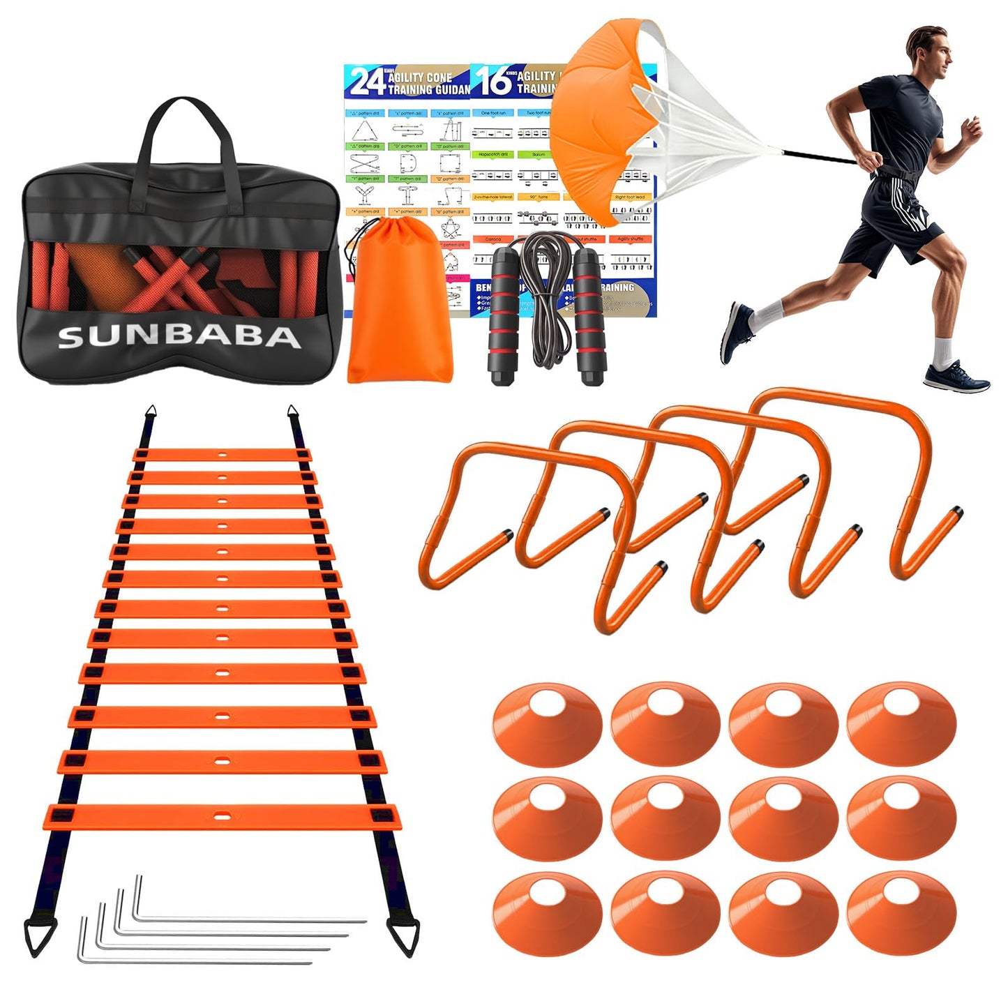 SUNBABA Agility Ladder Speed Training Equipment Set with 20ft Agility Ladder,4 Hurdles,12 Cones,Jump Rope,Running Parachute-Ideal Training Equipment for Kids Youth Adults in Soccer Football Basketball