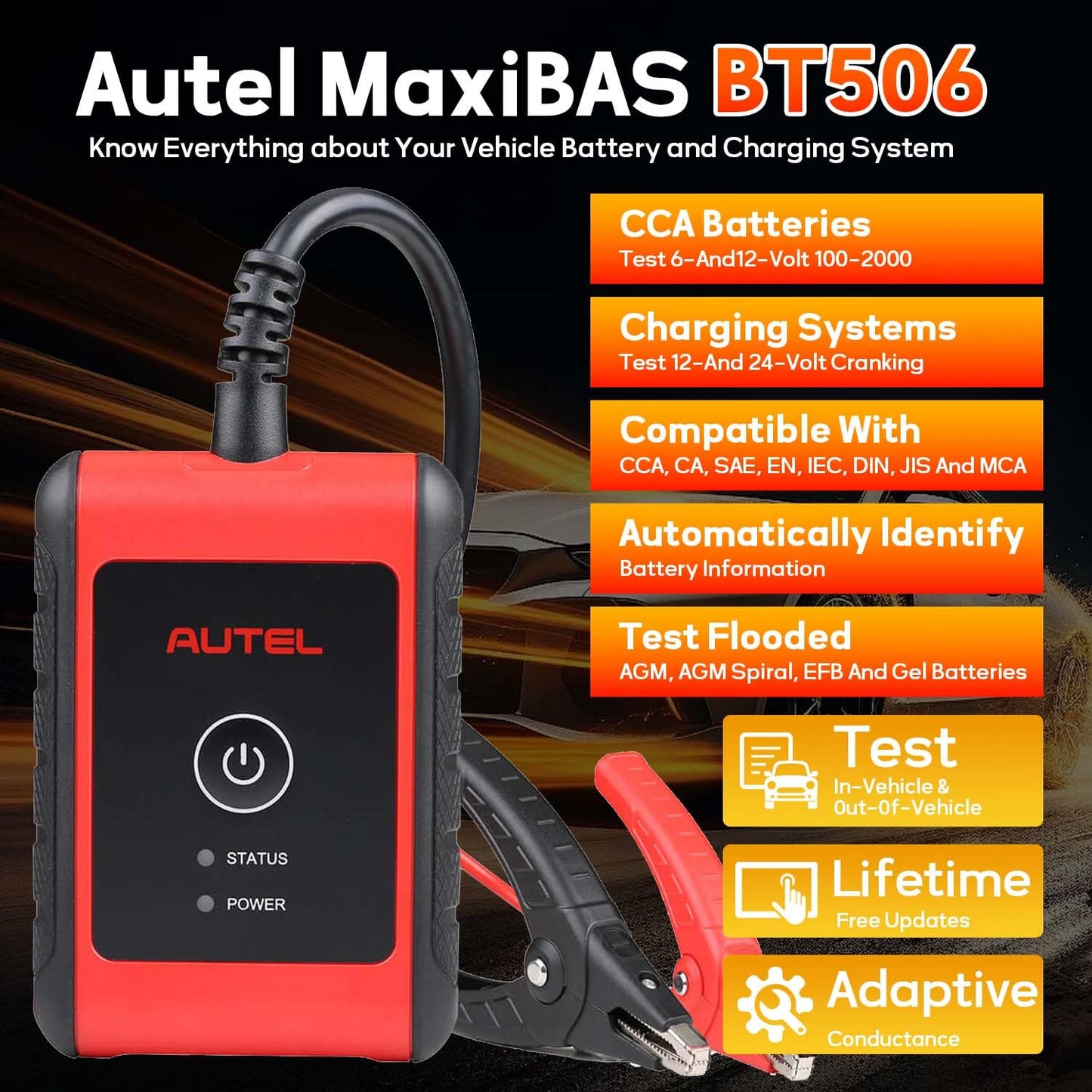 Autel MaxiBAS BT506 Car Battery Tester, Lite of BT508/BT608 Analyzer, 6v 12v 100-2000 CCA, Adaptive Conductance, Cranking Charging System Test, Work w/Autel Scanners & iOS/Android, Free Updates
