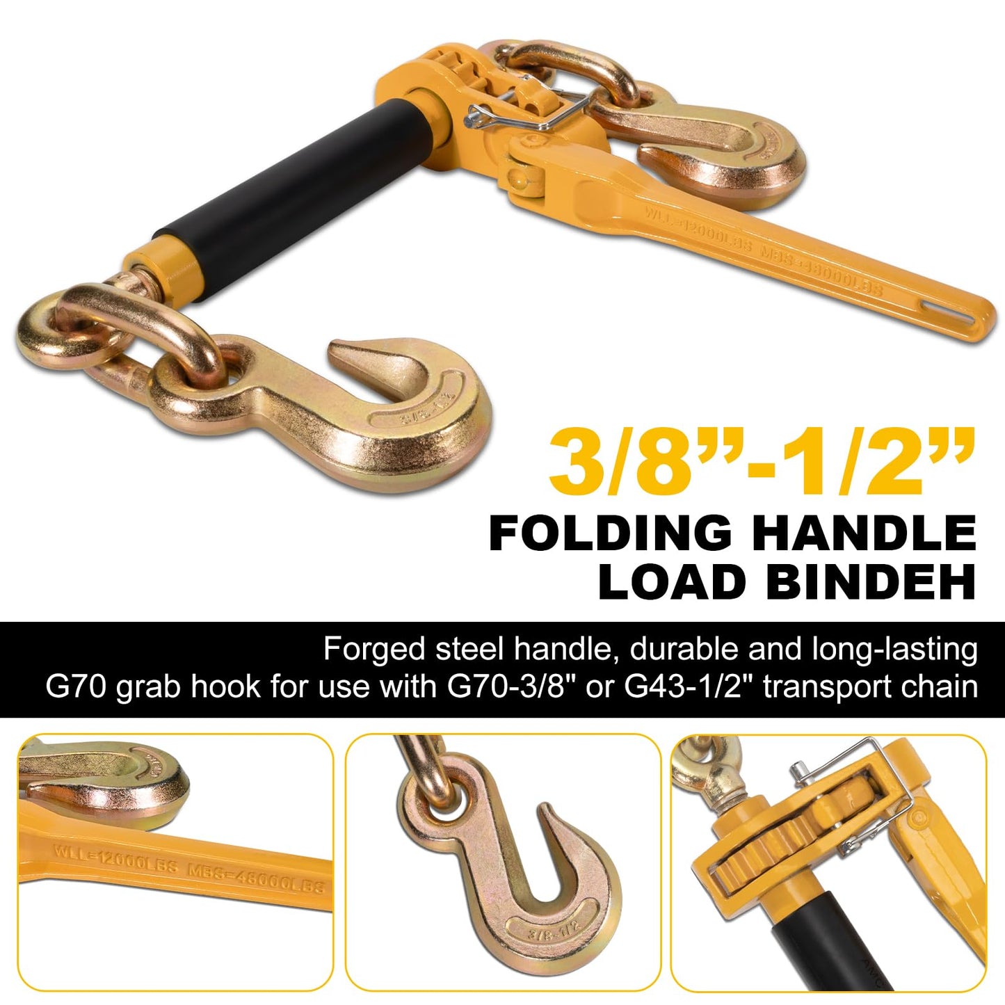 AYMMIC 3/8"-1/2" Heavy Duty Folding Handle Load Binder, Ratchet Chain Binder with Grab Hooks G70-T80, 12,000 lbs WLL Tie Down Hauling Chain Binders for Flatbed Truck Trailer, 2 Pack