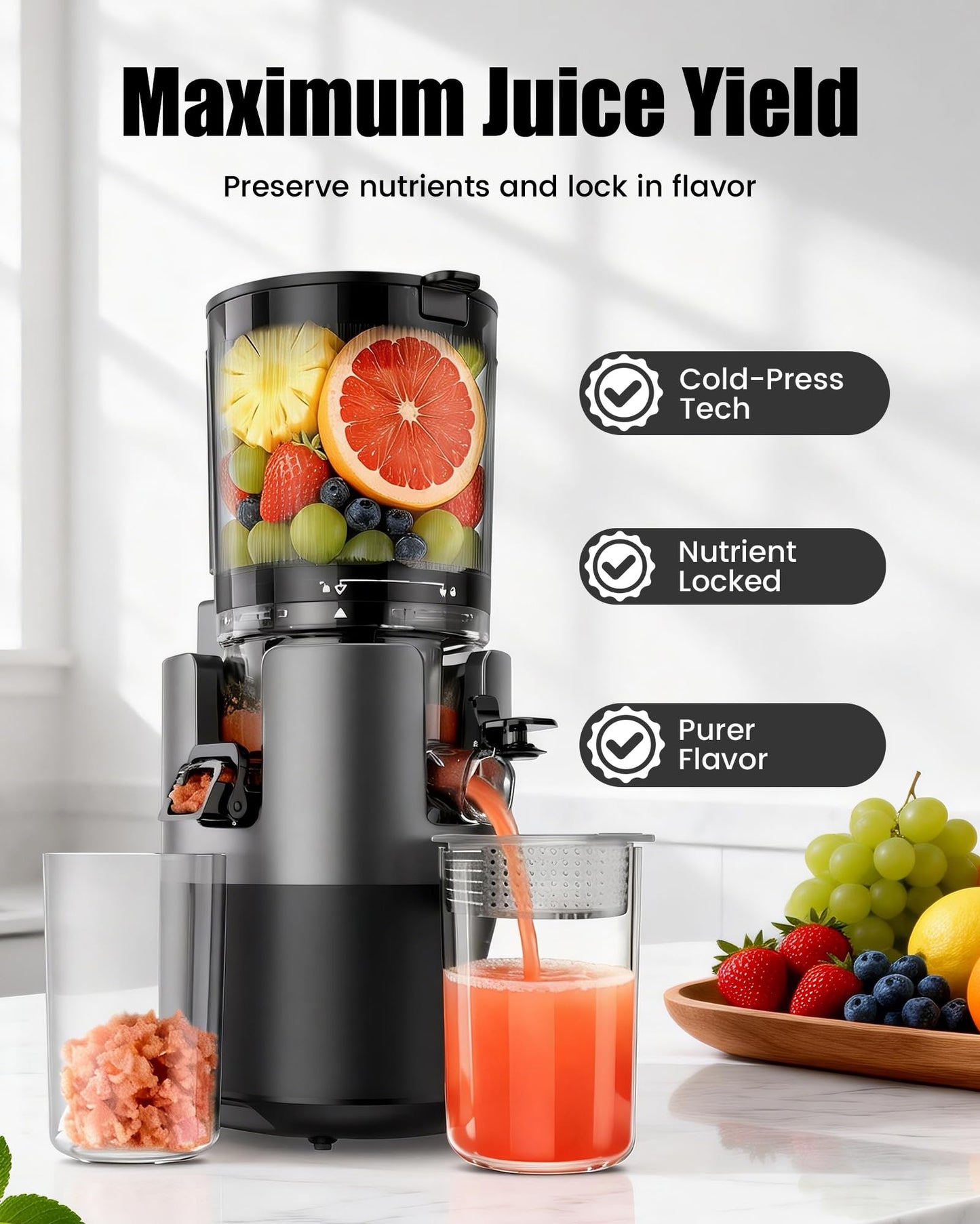 Staweiger Juicer Machines, Cold Press Juicer with 6" Extra Wide Chute, 90oz Capacity, Powerful AC Brushless Motor, High Juice Yield, Quiet Low db, BPA-Free Juicer Press For Whole Vegetables & Fruits