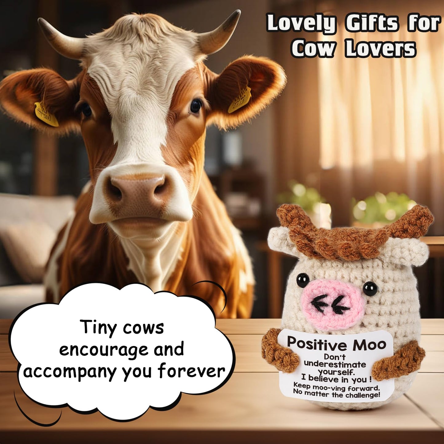 YUEYUQIU Positive Moo Easter Basket Essentials Stuffers for Teens Boy Girl Daughter Son, Easter Gifts for Kids Teenage - Handmade Crochet Cow Emotional Cheer Up Support Birthday Gift for Women Men