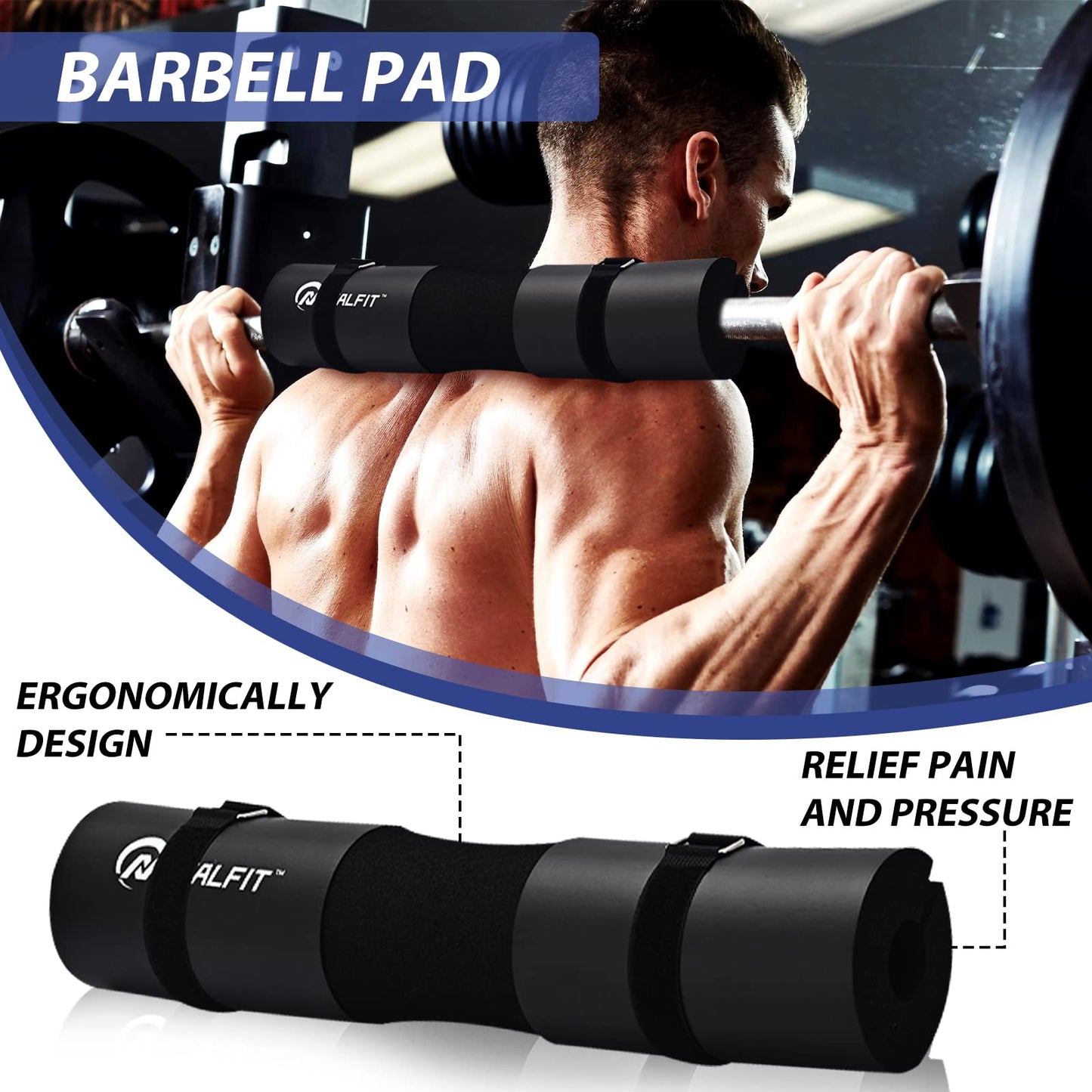 NEALFIT Barbell Pad Set for Squats, Lunges and Hip Thrusts, Neck & Shoulder Protective Pad, Standard Olympic Bars with 2 Gym Ankle Straps, Hip Resistance Band, Barbell Pad, Carry Bag (Black)