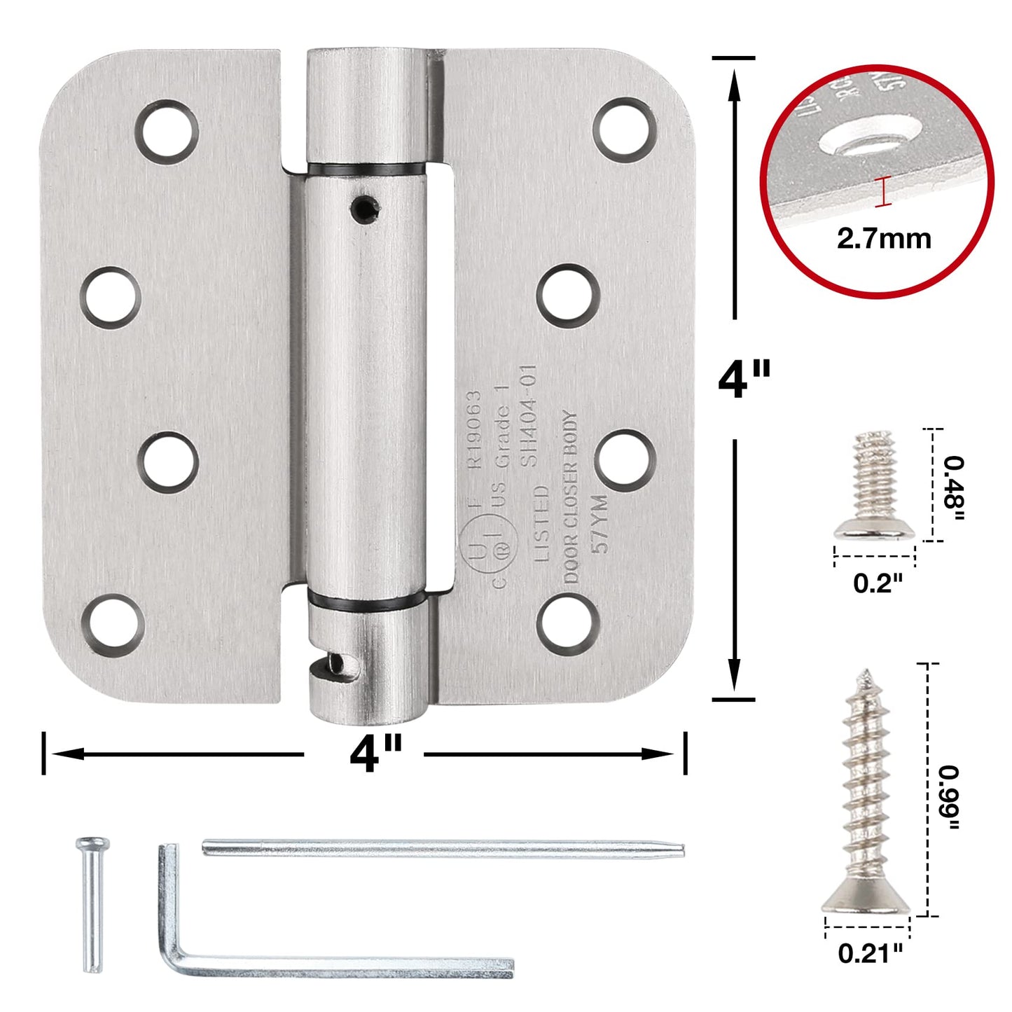 KIW Modern/Contemporary Satin Nickel 4" x 4" Self-Closing Door Hinges, 8 Holes, Steel, Brushed Finish, Mortise Mount, 4 Pack