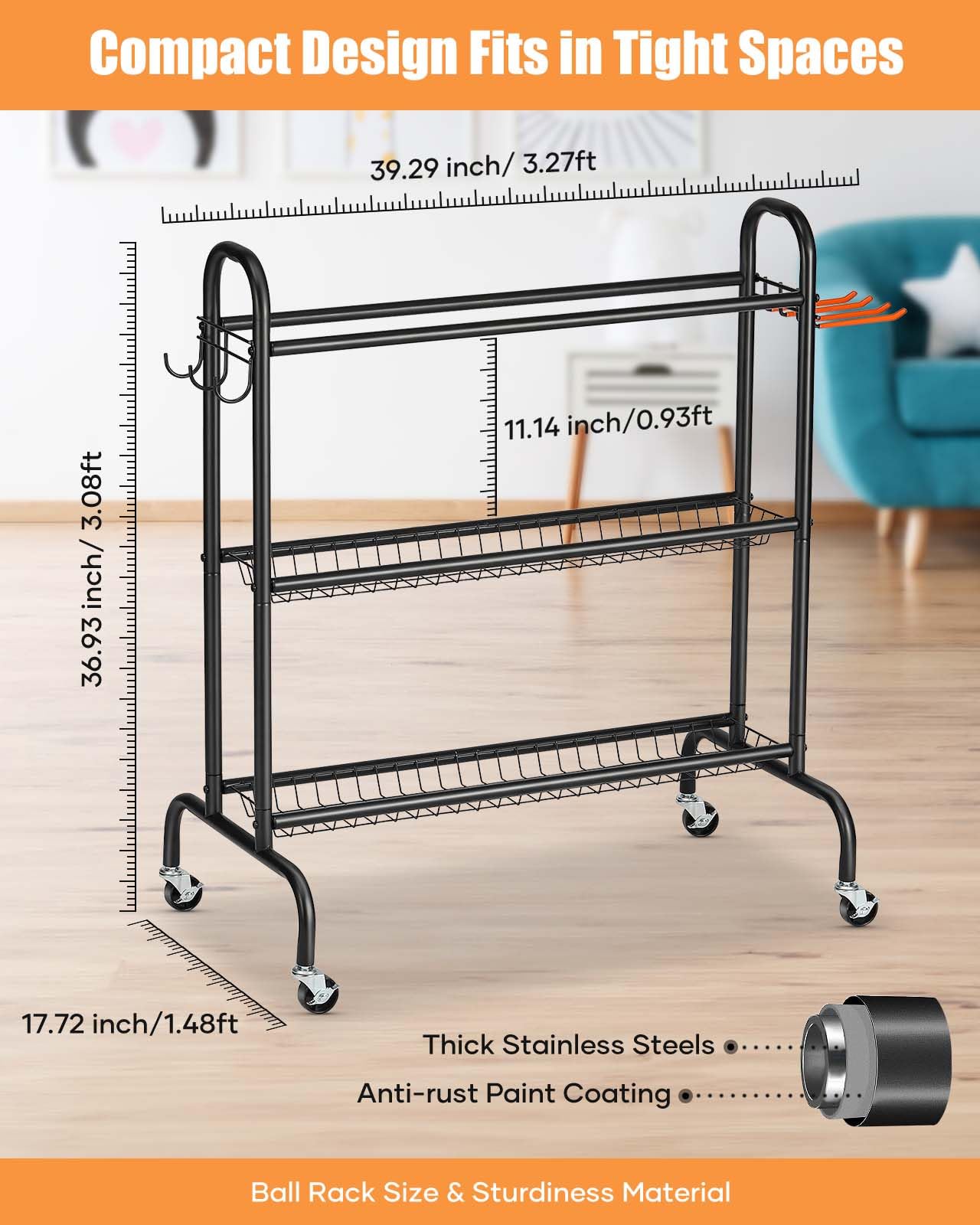 EXTCCT Basketball Racks for Balls, 3-Layer Small Ball Rack Ball Storage For Garage, Outdoor Rolling Ball Cart with Wheels, Two Basket for Basketballs Footballs Volleyball