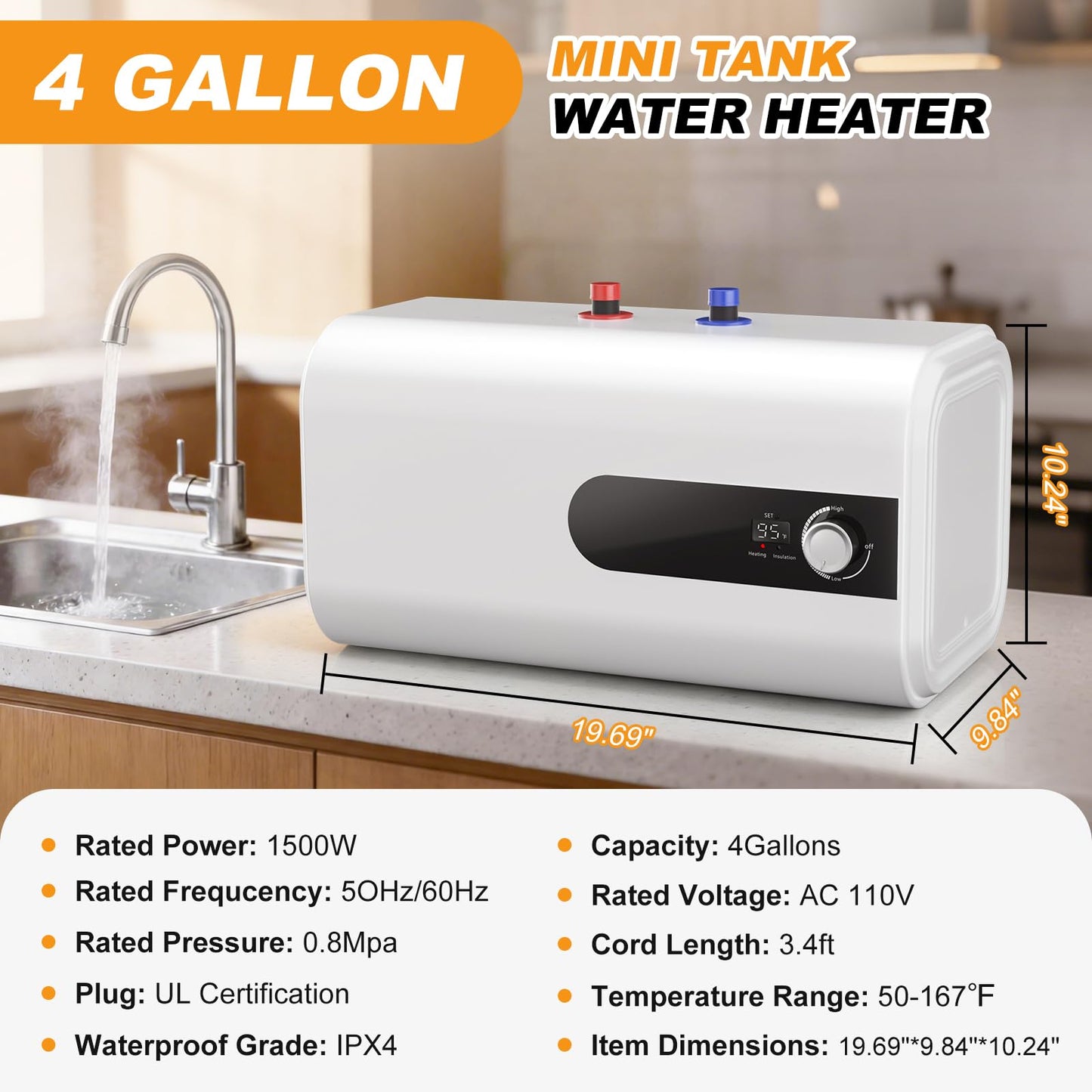4Gallon Mini Tank Water Heater Electric, 1500W Under Sink Hot Water fot Point of Use, 110V Instant Hot Water Heater for Kitchen, Office