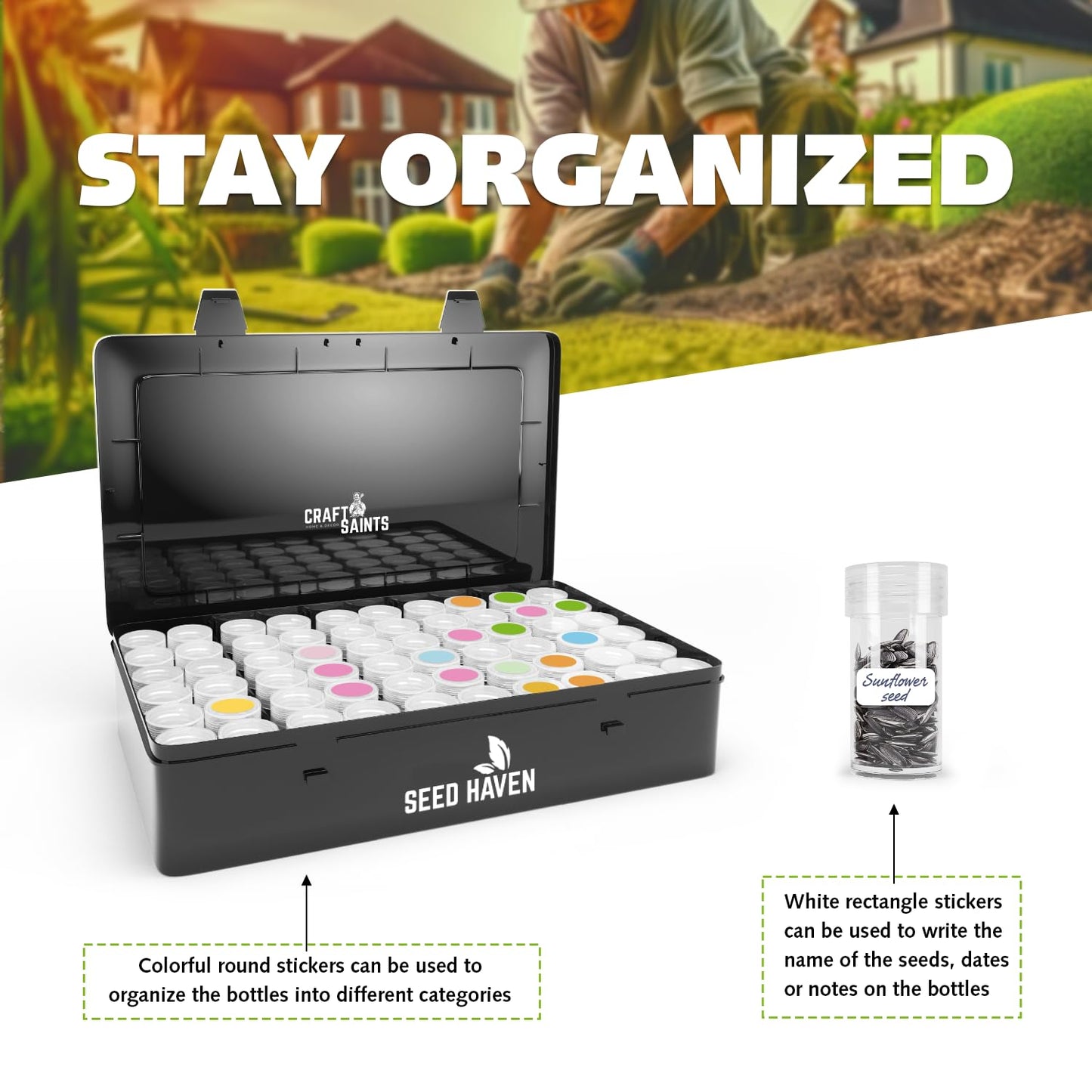 Seed Organizer Storage Box, Black Opaque Light Proof Seed Bank with 60 Transparent Bottles & Labels, Seed Holder Packet Organizer, Seed Vault Container for Homesteaders, Garden Tackle and Bead Sorter