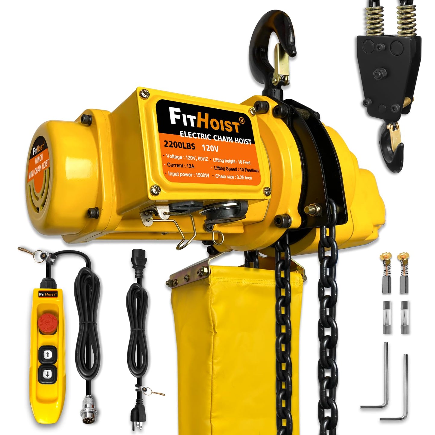 FITHOIST Electric Chain Hoist 1 Ton, 2200 lbs Capacity, 10 ft Lift Height, 1500W Motor, G80 Chain, 20 ft Wired Remote with Emergency Stop, 120V Hoist Lift for Garage, Workshop, Farm