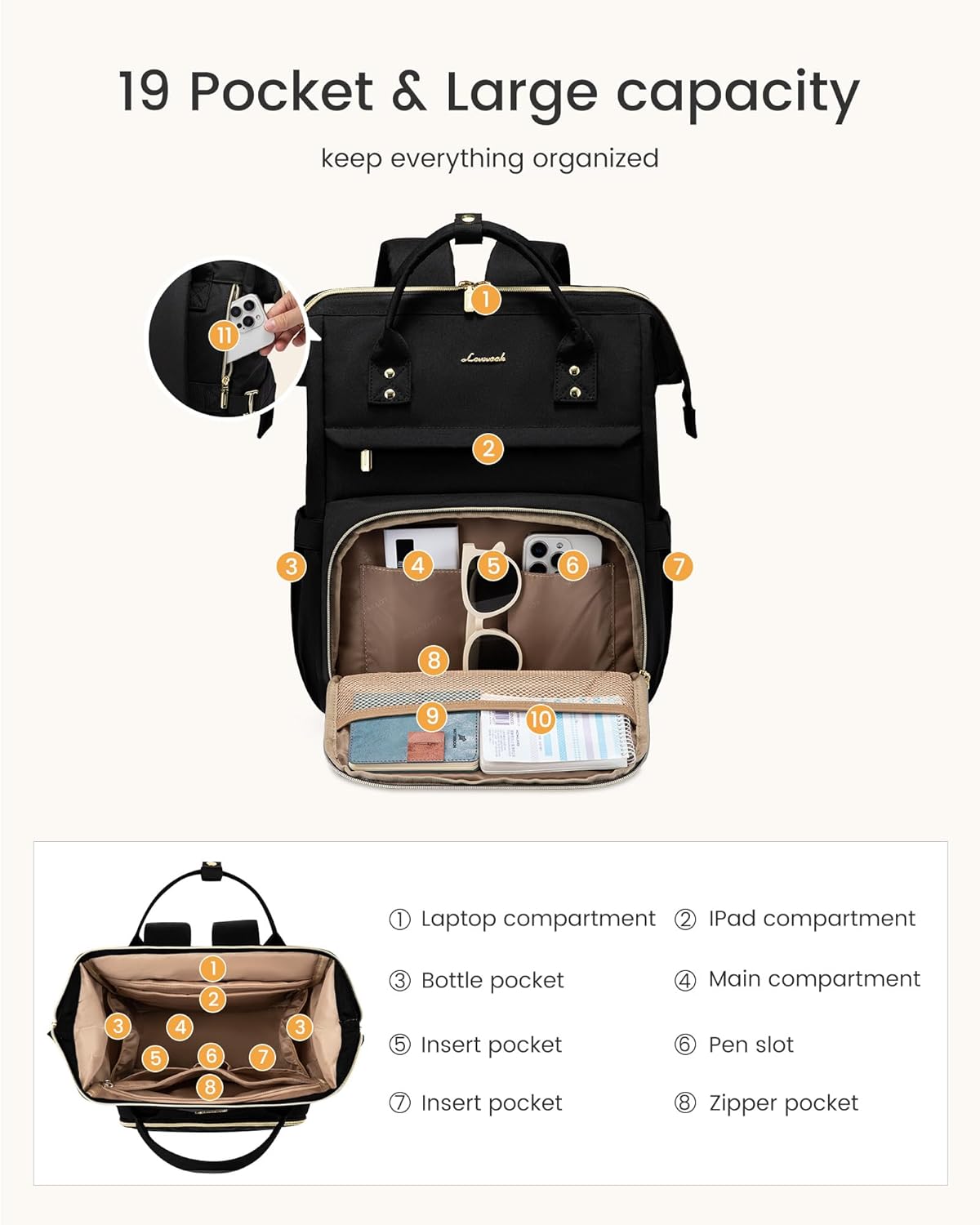 Backpack Pocket,17 inch Backpack Backpack Daypack,Black LOVEVOOK Laptop for Women with Giant Tumbler Holder Waterproof