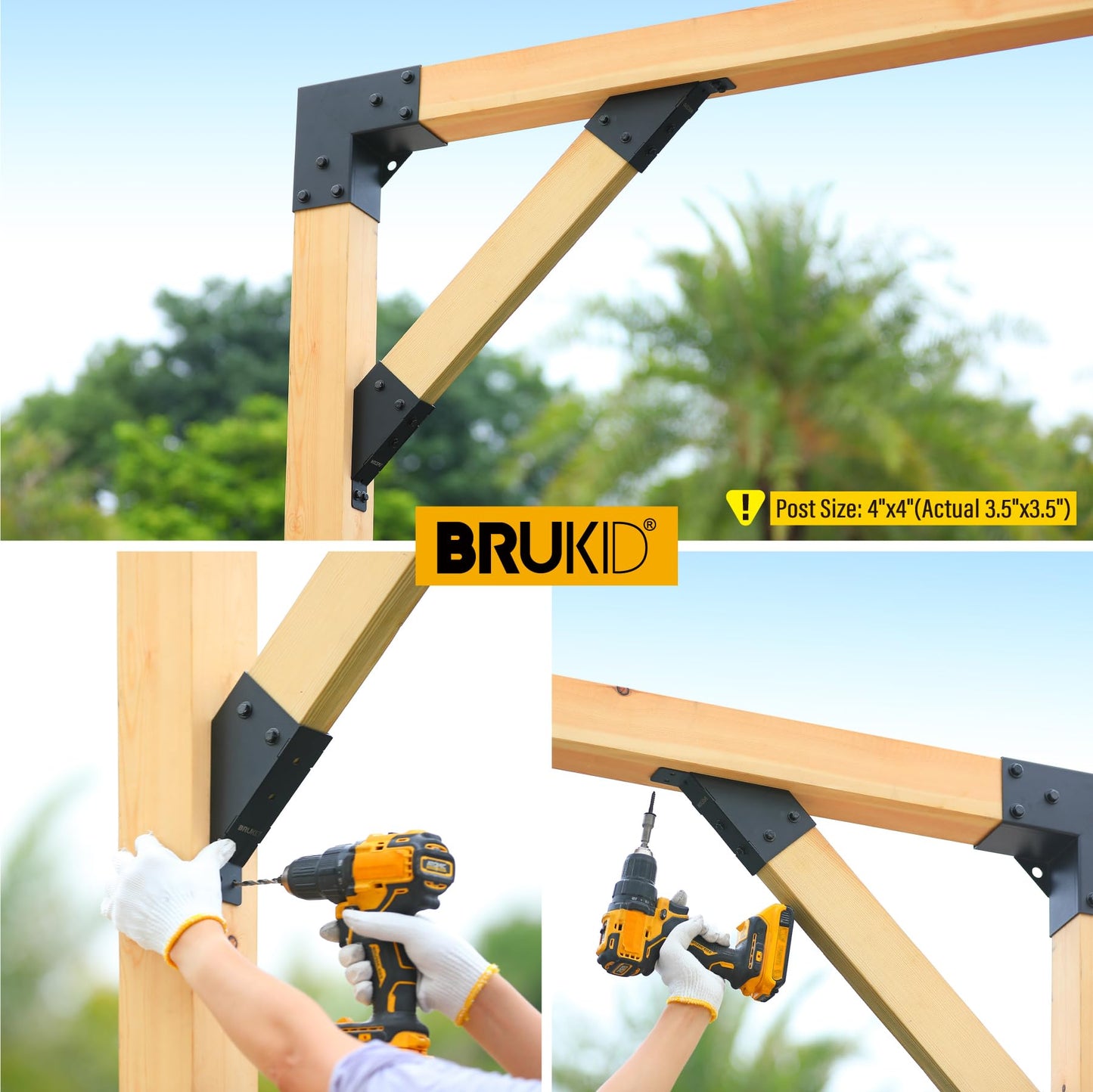 Brukid 4pc 45°-Degree Angle Support Bracket, 2x4 (Actual 1.5''x3.5'') Angle Bracket, Suitable for Pergolas, Gazebo, Deck Porch, Cabin Elevated Wood Support Bracket kit (Frosted-Black)