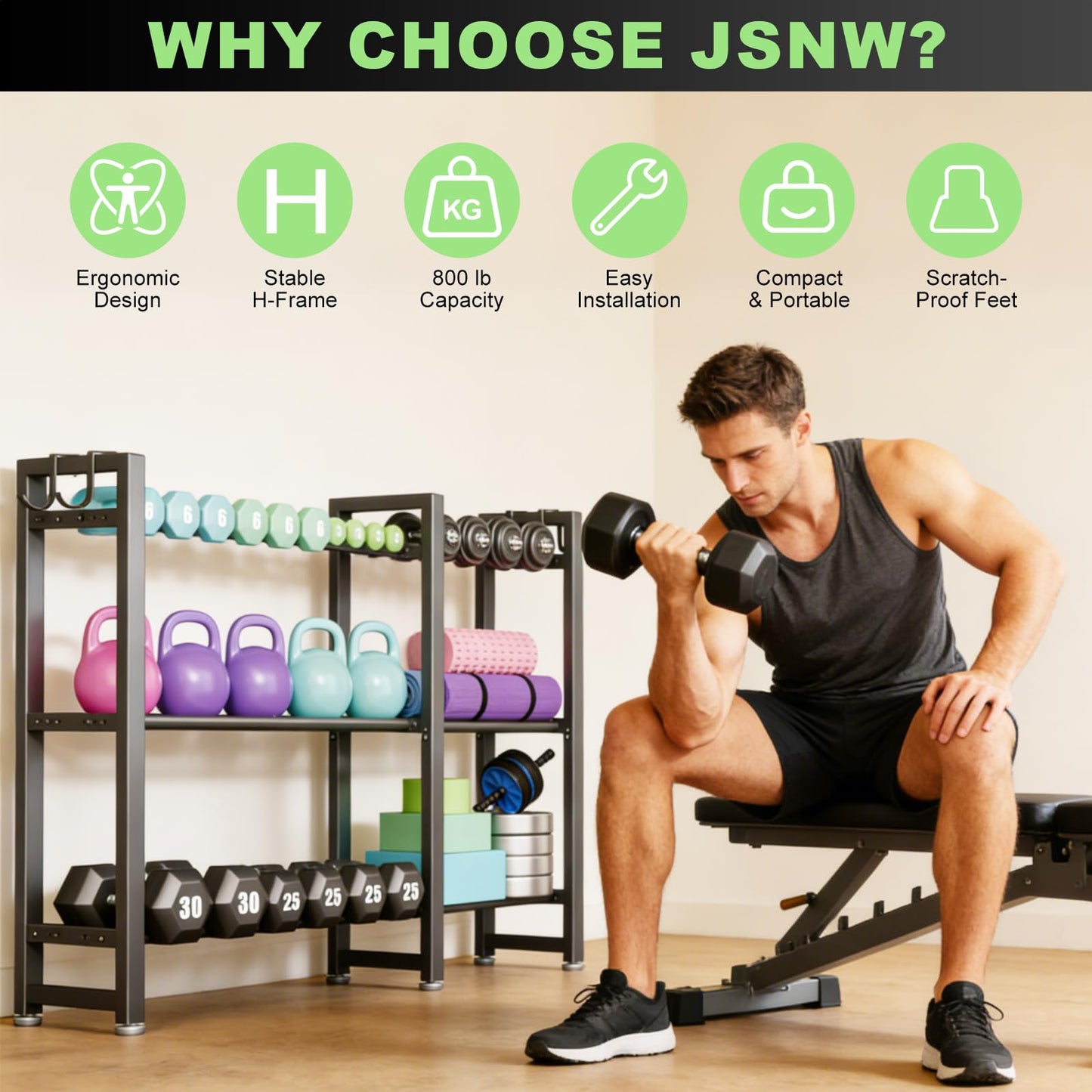 800LBS Capacity Multifunctional Home Gym Storage Rack with Side Hooks, Heavy Duty Adjustable Weight Storage Rack for Dumbbells Kettlebells Yoga Mat, Space Saving Workout Equipment Storage Organizer