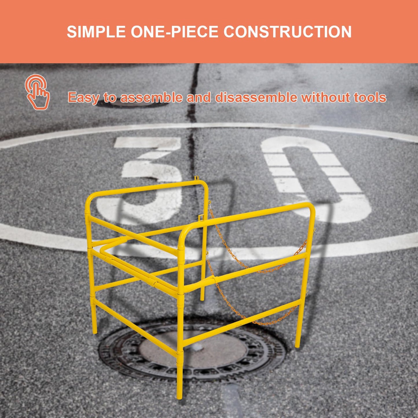 Reykilor Steel Manhole Guard Rail, Portable Foldable Manhole Guardrail with Two Hooking Chains and Loops for Confined Spaces, Tanks, Vessels, Transformers, Sewers (Yellow, 33" x 33" x 33")