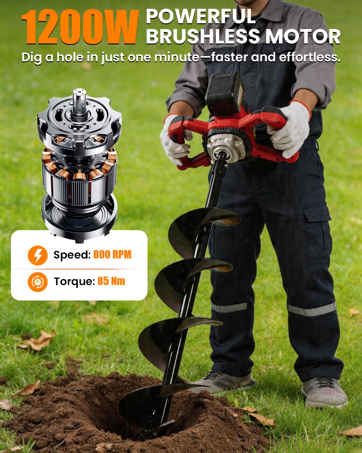 Cordless Post Hole Digger with 2x4.5Ah Batteries & Dual Chargers, 1200W 42V Brushless Earth Auger for Fence Post with 6" Drill Bit, 85Nm High Torque Electric Hole Digger for Hard Soil