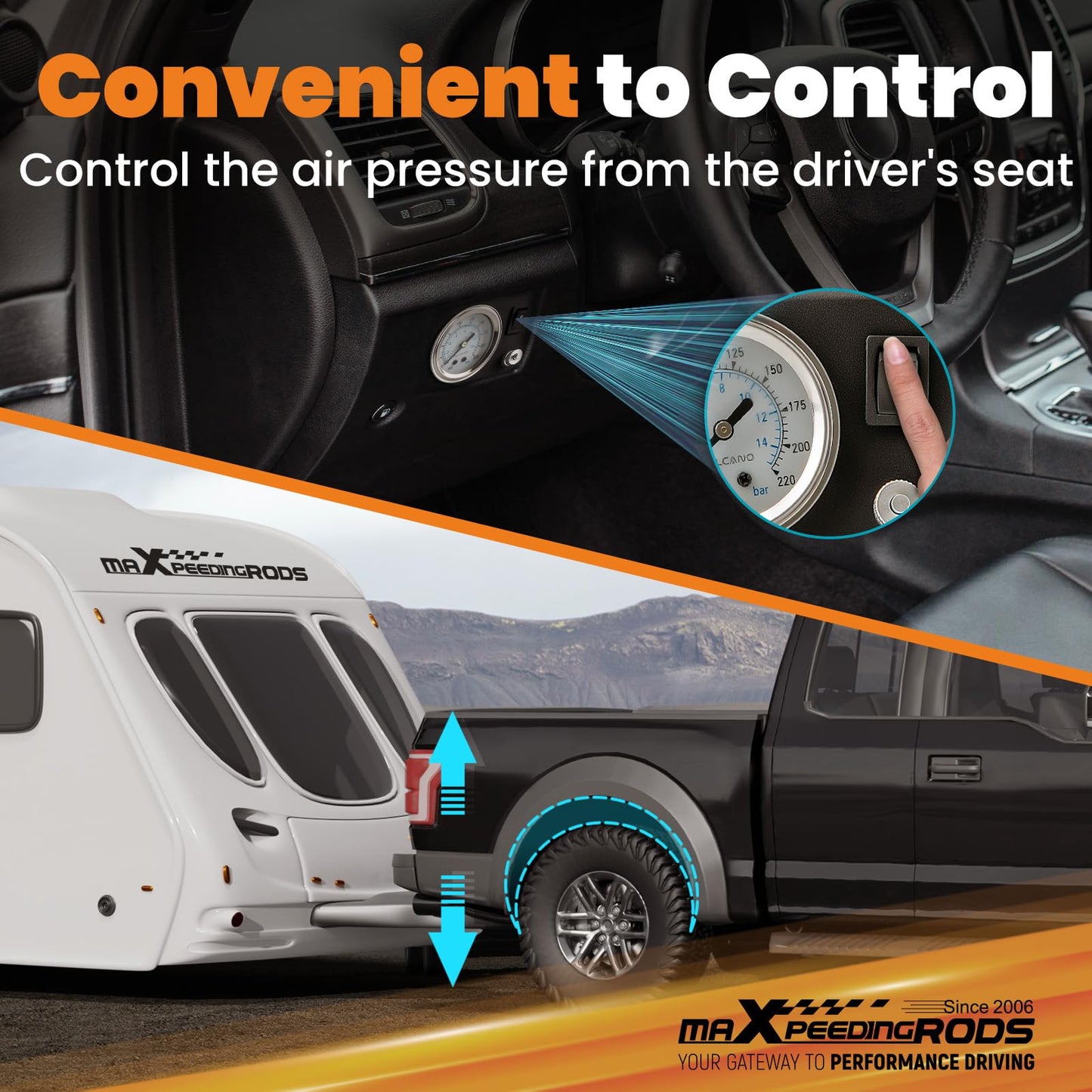 maXpeedingrods On Board Air Compressor System Up to 120 PSI Air Bag Compressor Kit with Analog Gauge Air Line T Fittings Single Path System for Trucks Vans