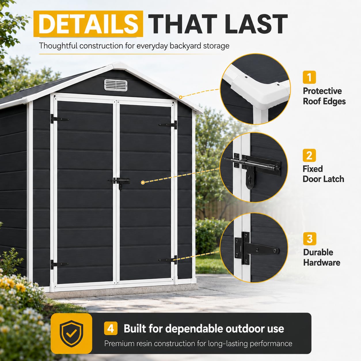 HUGROVE 6×4ft Outdoor Storage Shed with Floor, Waterproof & UV-Resistant Resin Garden Shed for Backyard with Lockable Double Doors, Air Vents & Side Window (Dark Gray)