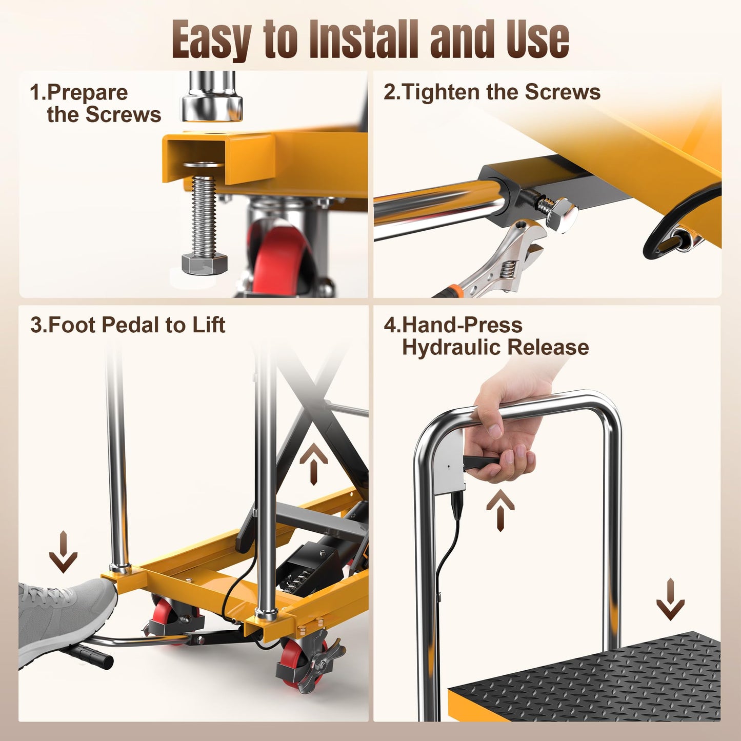 Tera Hydraulic Lift Table Cart: 330lbs Capacity 10.4"-49.6" Lift Height Manual Double Scissor Lift with Anti-Collision Wheels Non-Slip Pad & Fixing Tape for Warehouse Material Handling LT1502