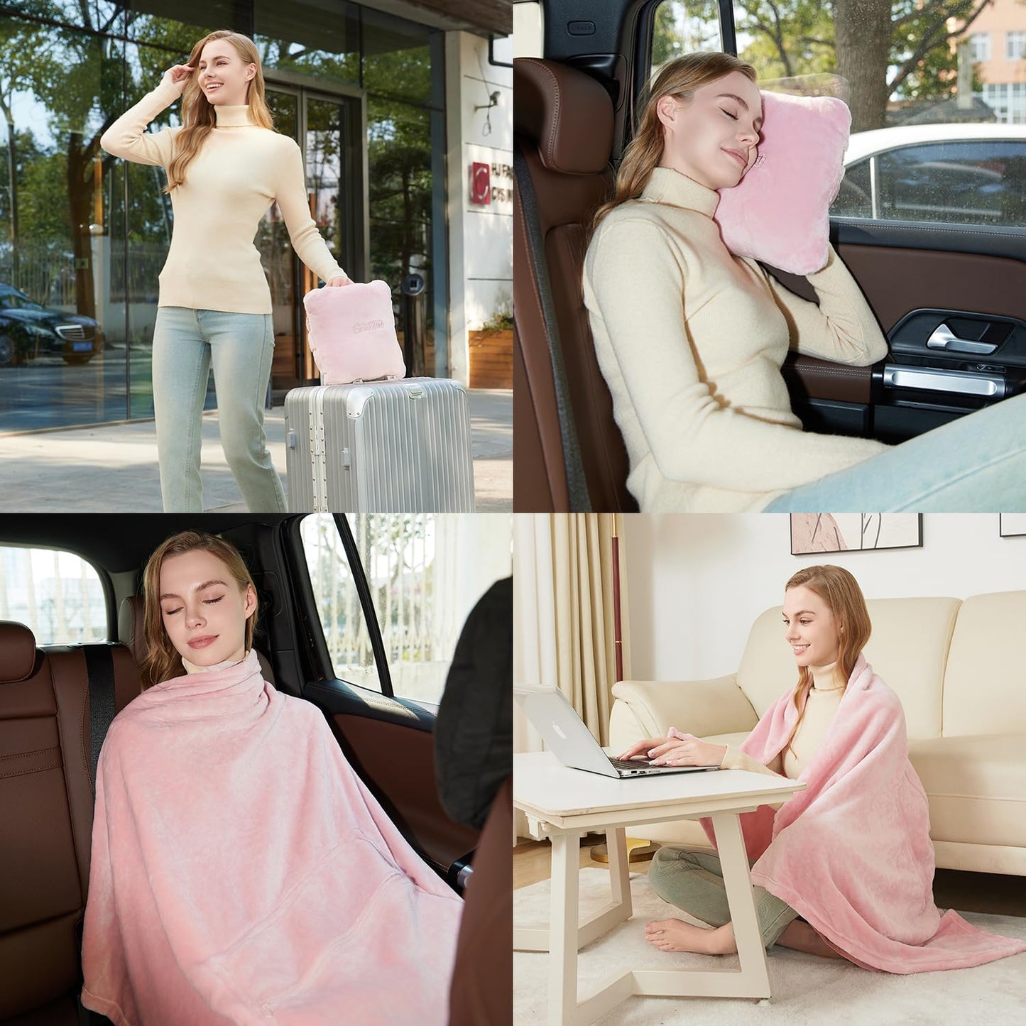 Brensglunt Travel Blanket Pillow, Premium 2 in 1 Flannel Airplane Blanket Compact for Travel,Office, Home,Travel Essentials Accessories for Plane and Car,Compact Office Blanket (Pink)