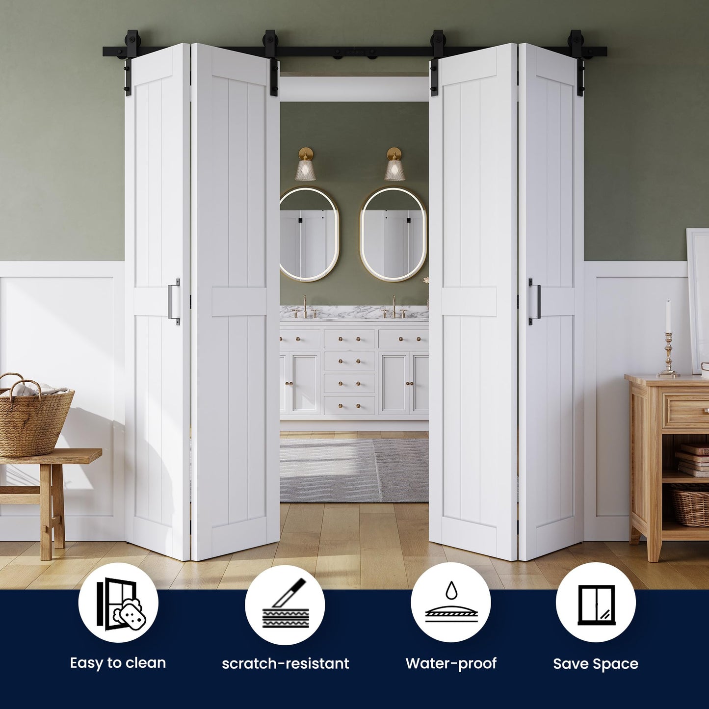 Bifold Barn Door 48" x 84", MDF Bi-Fold Sliding Closet Doors with Hardware Kit Included, Pre-Finished Easy Assembly, Water-Proof PVC Surface & Save Space, H-Frame, 56" Track for 4 Doors,White