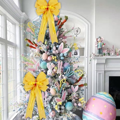 Hongsome Large Yellow Easter Wreath Bow Decor - Classic Glitter String & Burlap Ribbon | Versatile Seasonal Tree Topper Bows
