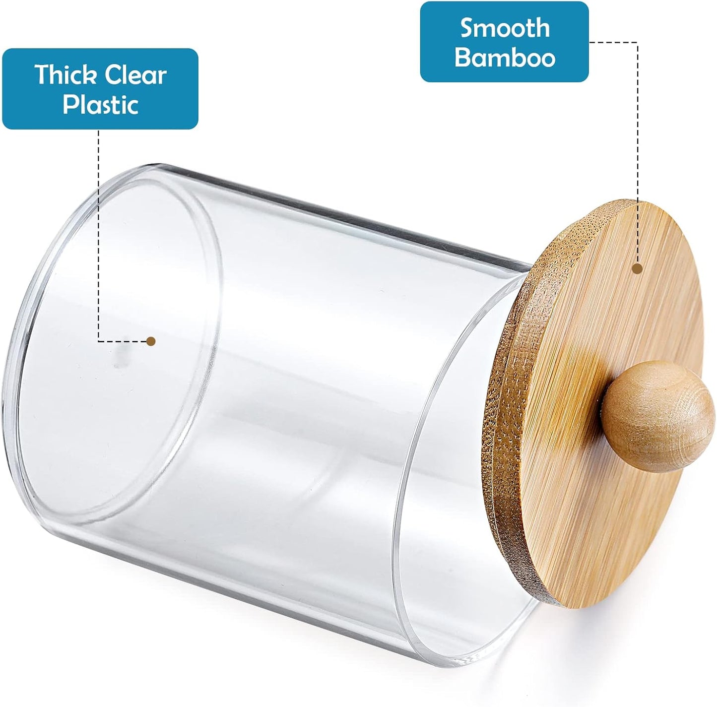 Qtip Holder Dispenser by [Brand Name] - 10 oz Clear Plastic Apothecary Jar with Bamboo Lids | Stylish Vanity Organizer for Cotton Swabs and Pads
