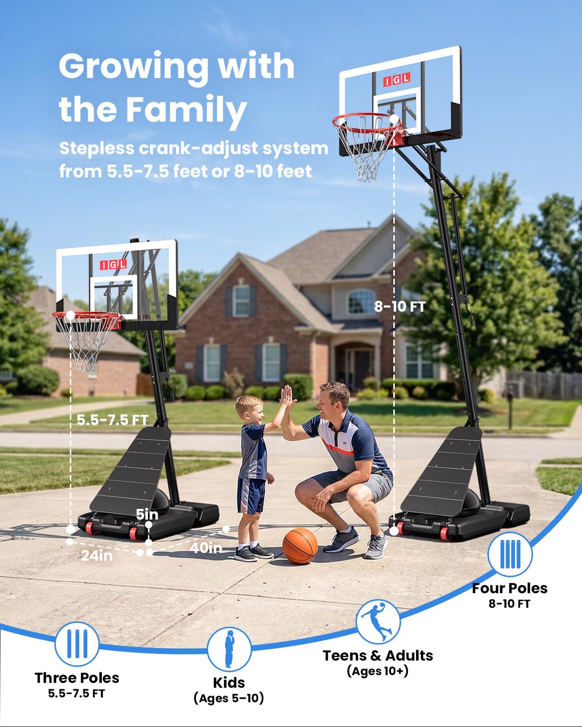 IGL Portable Basketball Hoop 10ft Adjustable, Sturdy Outdoor Basketball Goal System with 40" Shatterproof Backboard & Large Base, Rolls Easily for Kids, Teens & Adults, Backyard Driveway