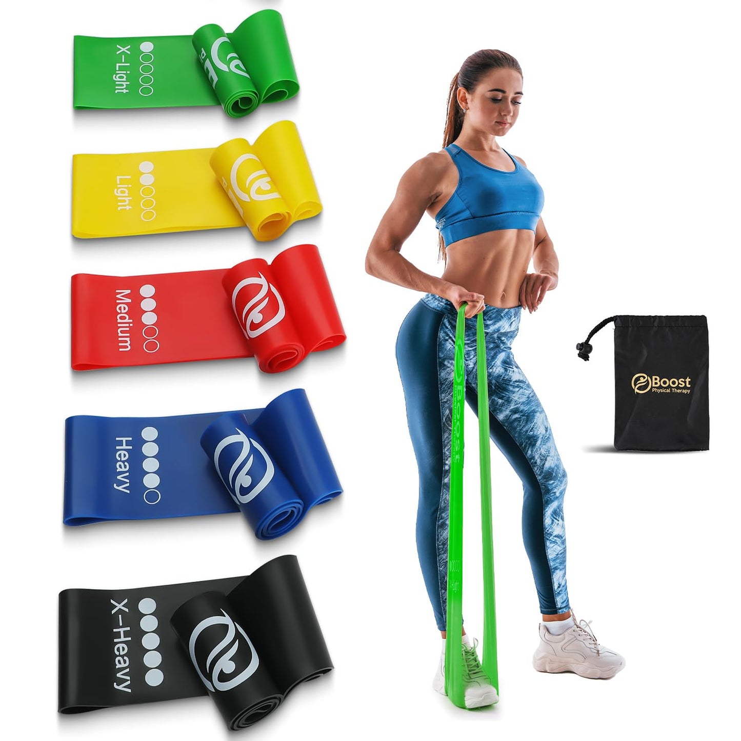 BOOSTFIT Resistance Bands for Working Out, Exercice Bands Set with 5 Different Levels for Physical Therapy, Elastic Bands with Instruction Guide and Carry Bag for Indoor & Outdoor Fitness