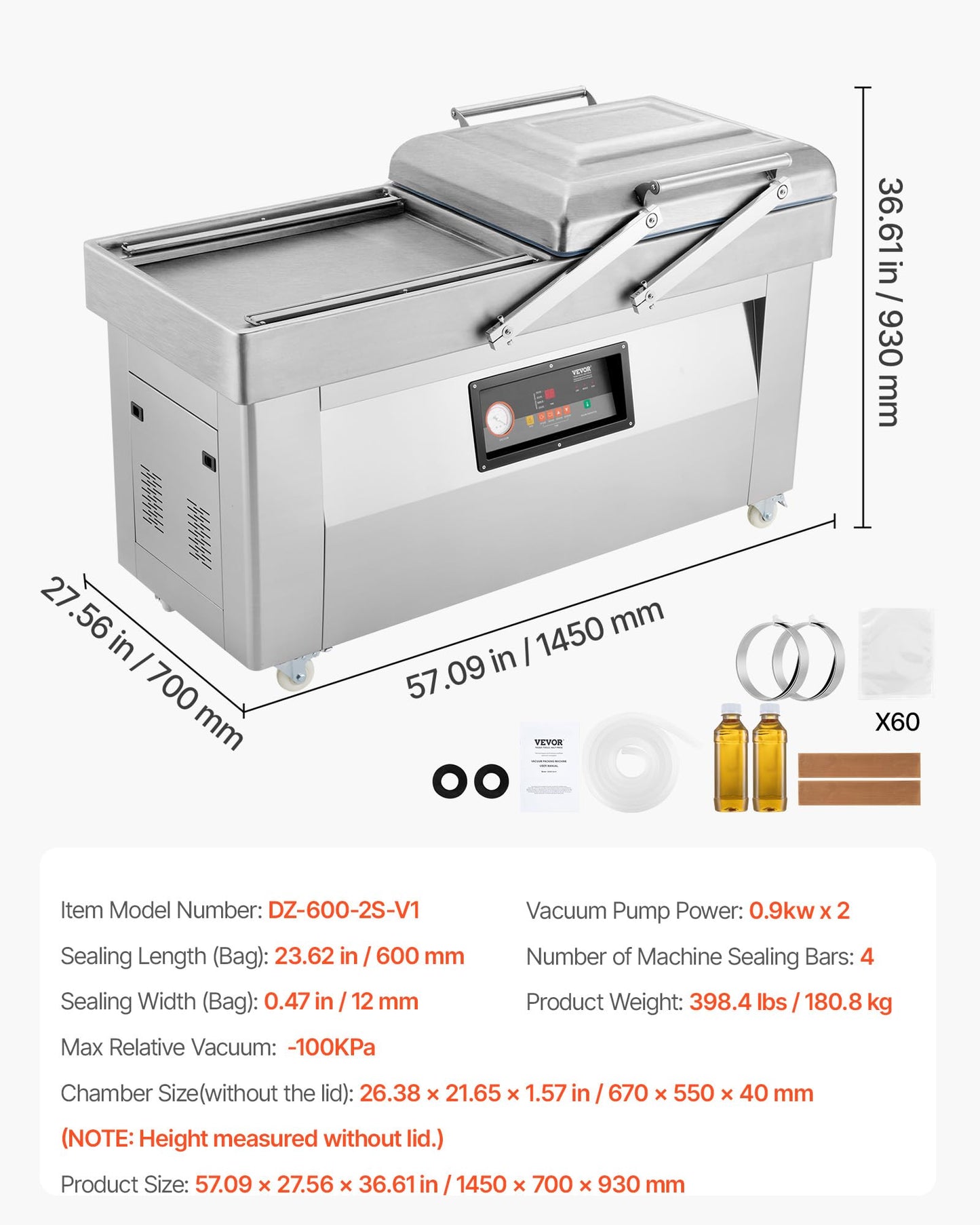 VEVOR Chamber Vacuum Sealer, 1200W Sealing Power, Vacuum Packing Machine for Wet Foods, Meats, Marinades and More, Compact Size with 23.62" Sealing Length, Applied in Home Kitchen and Commercial Use