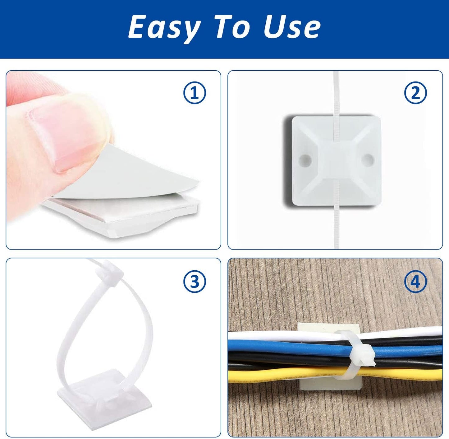 CZXNBI 50 Set 6" Strong Back-Glue Self Adhesive Cable Zip Tie Mounts Kit - Cable Management Clips with Zip Ties, Wire