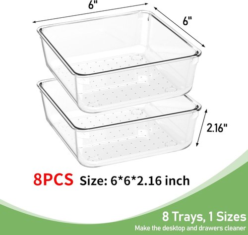 Clear Plastic Drawer Organizer Trays - 8 PCS Acrylic Vanity & Office Storage Bins | Ideal for Makeup & Kitchen