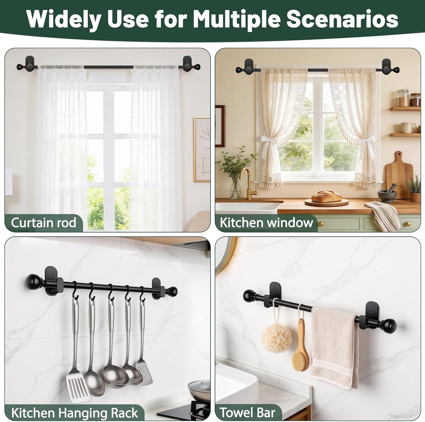 USFOOK No Drill Curtain Rods - 48 to 84 Inches | 5/8 Inch Adhesive Drapery Rod with Round Finials