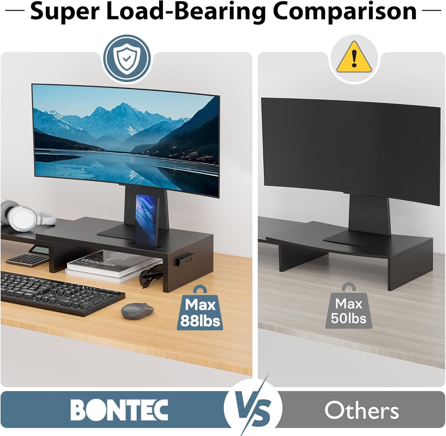 BONTEC Dual Monitor Stand Riser with Smartphone Holder, Adjustable Length & Swivel Angle, Ergonomic Wooden Desktop