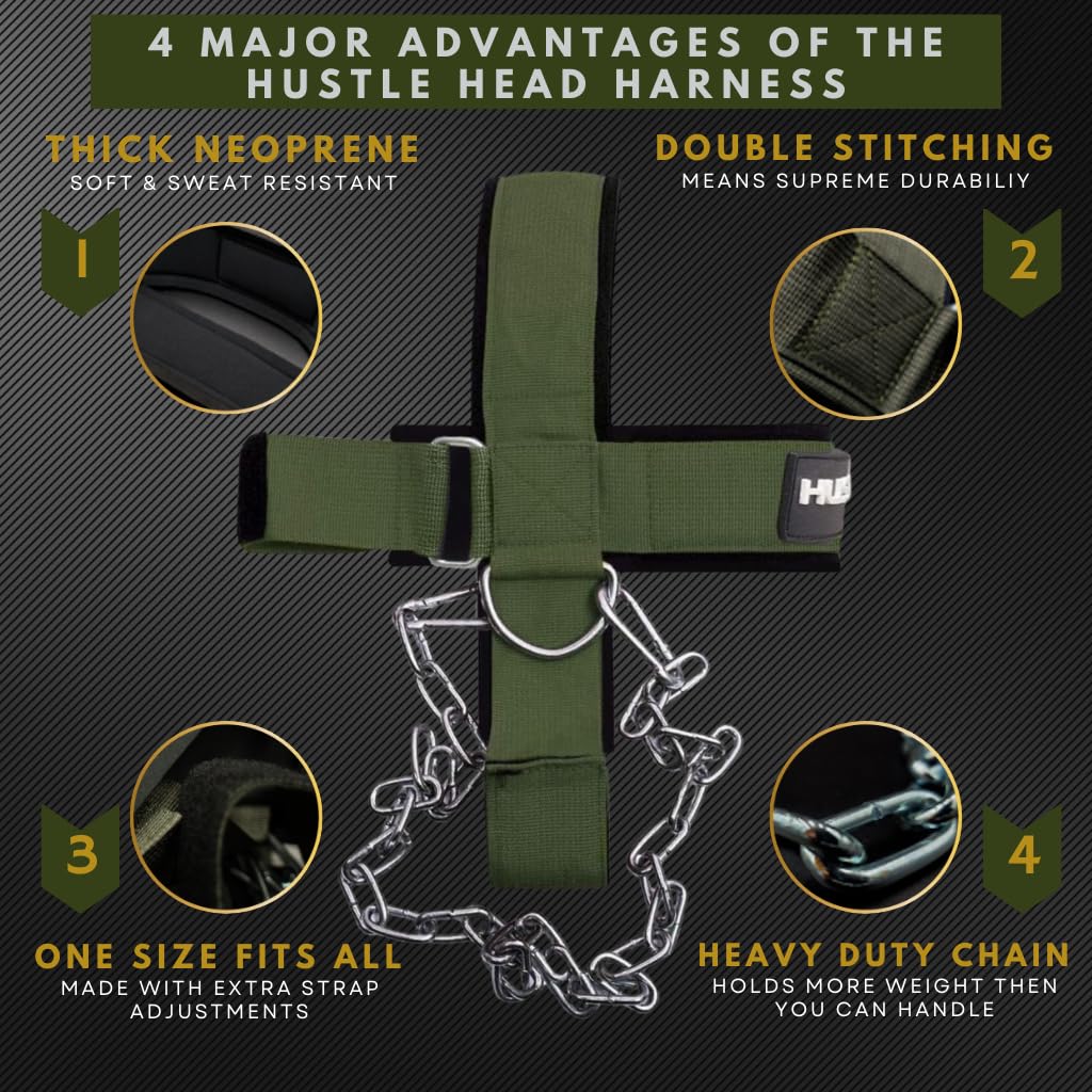 Hustle Athletics Neck Harness for Weight Training - Ultra Durable and Comfy Neck Exerciser for The Ultimate Neck Training - Build a Strong Neck - Neck Weight Lifting Harness (Military Green)