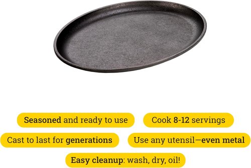 Lodge Cast Iron Griddle - Durable Oval Design, 13.375" x 10", Perfect for Cooking | Black Finish